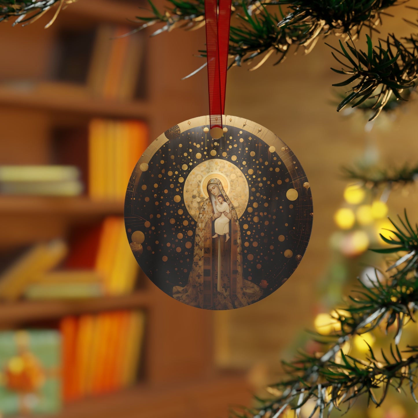 The Golden Mary - Mary the Blessed Virgin Metal Ornament - Religious Holiday Christmas Ornament and Keepsake - Double sided