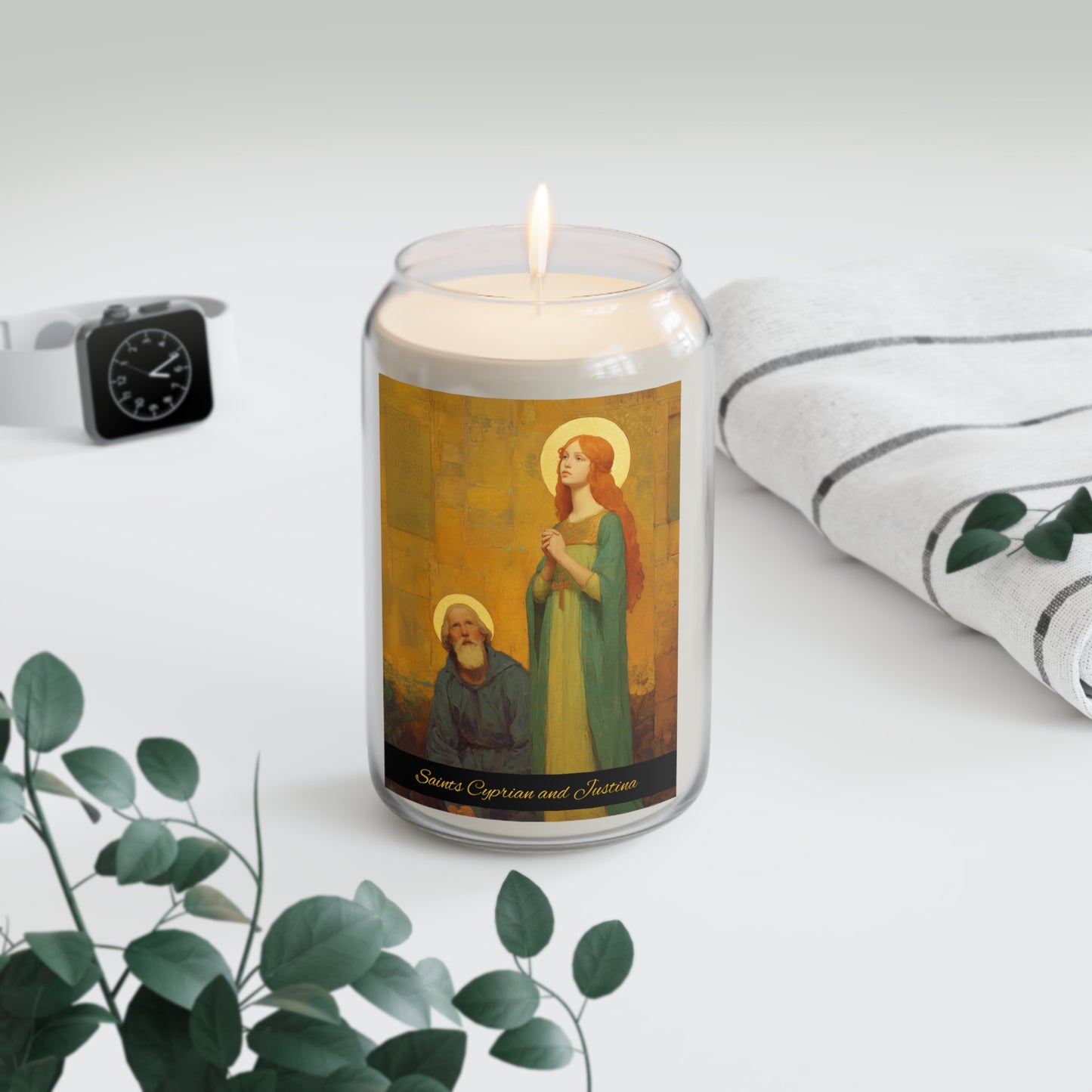 Saints Cyprian and Justina - Scented Prayer Candle, 13.75oz - Candle - Catholic Art - prayer room Scented Candle - Martyr Art