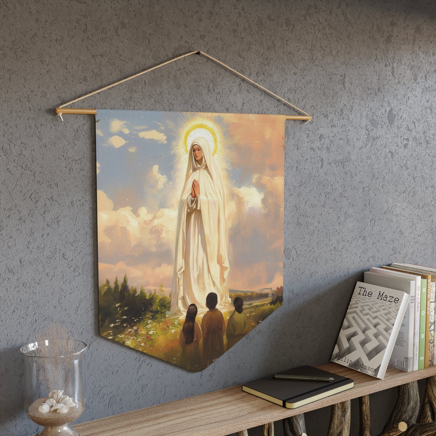 Our Lady of Fátima Pennant / Banner / Wall Hanging - Prayer room art - 18" x 21" - Catholic prayer Religious Christian Gift