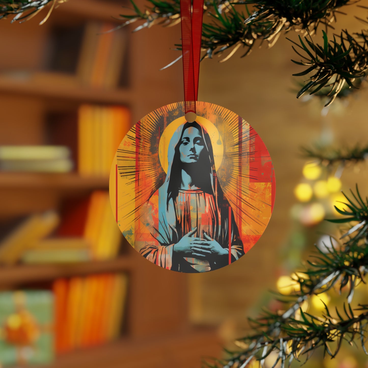 Mary's Light - Virgin Mary Art Metal Ornament - Religious Holiday Christmas Ornament and Keepsake - Double sided - Pop art