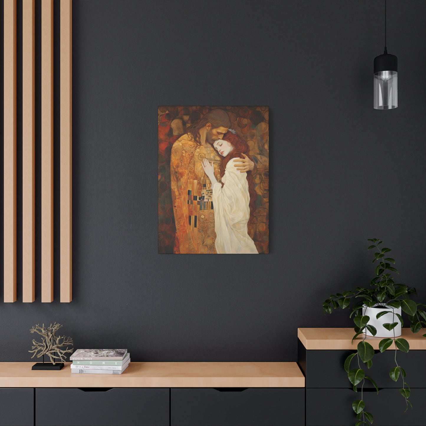 Transcendent Devotion: Christ Embracing Mary Magdalene Museum Wrapped Canvas - Sanctified Souls Print - Based on Klimt's The Kiss