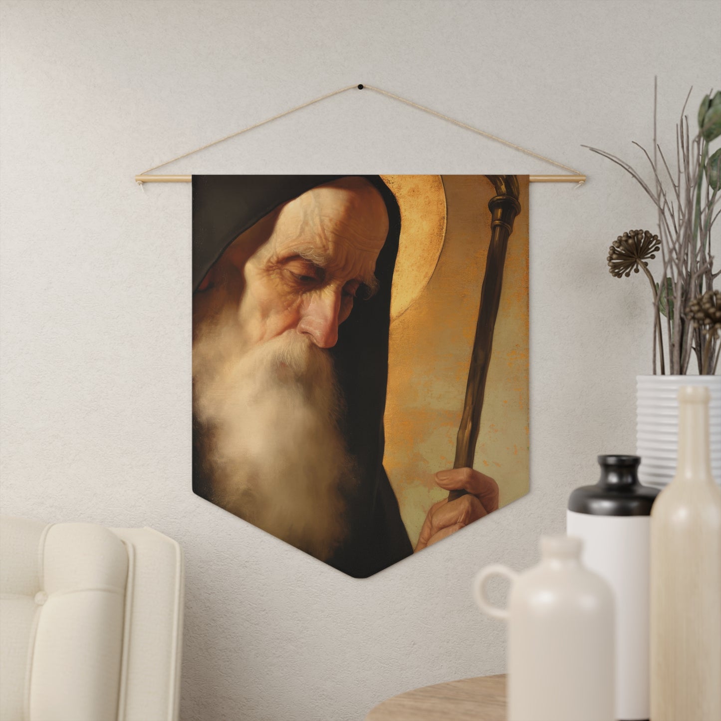 Saint Benedict Pennant / Banner / Wall Hanging - Prayer room art - 18" x 21" - Catholic - Large Banner