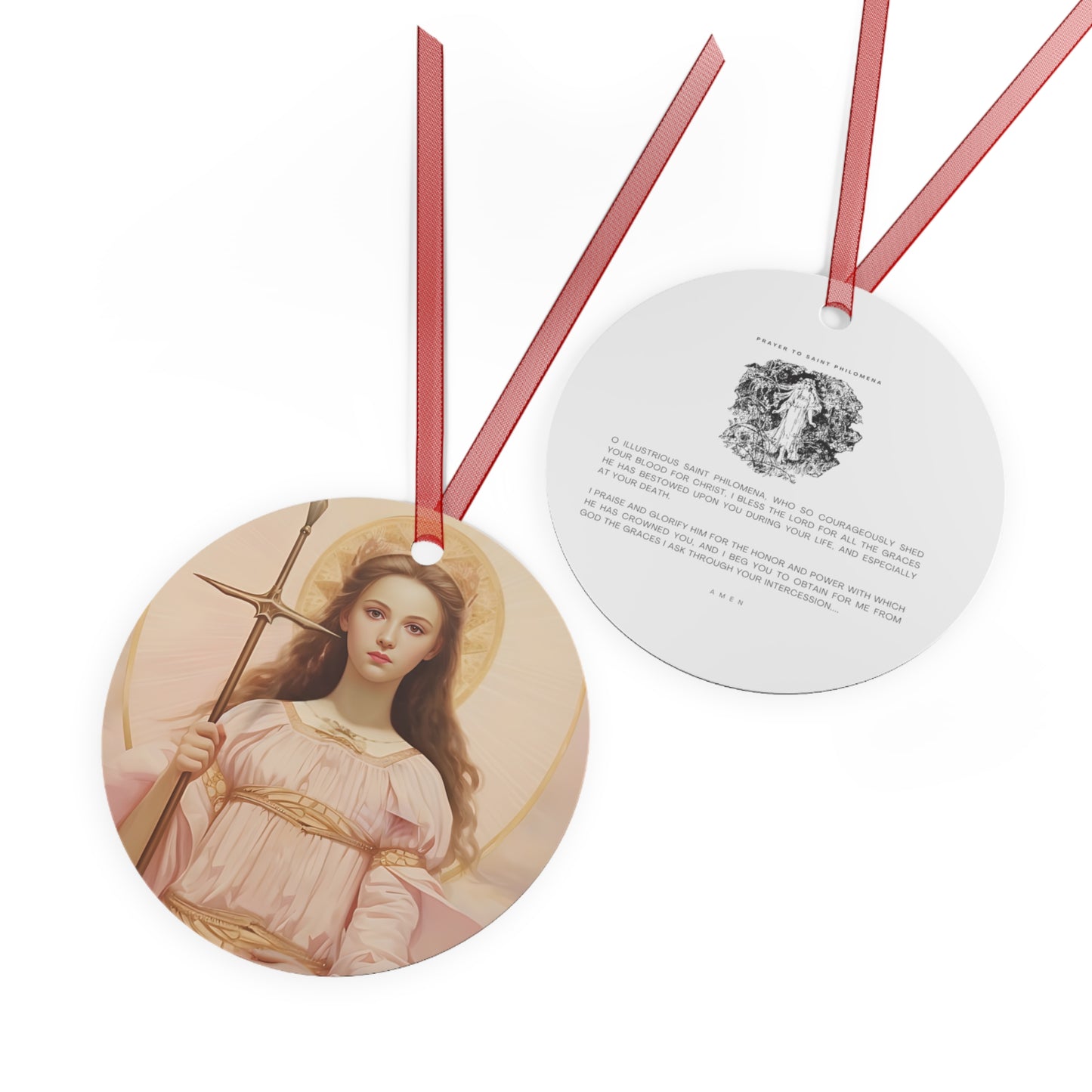 Saint Philomena Metal Ornament - Religious Holiday Christmas Ornament and Keepsake - Double sided - Prayer Ornament