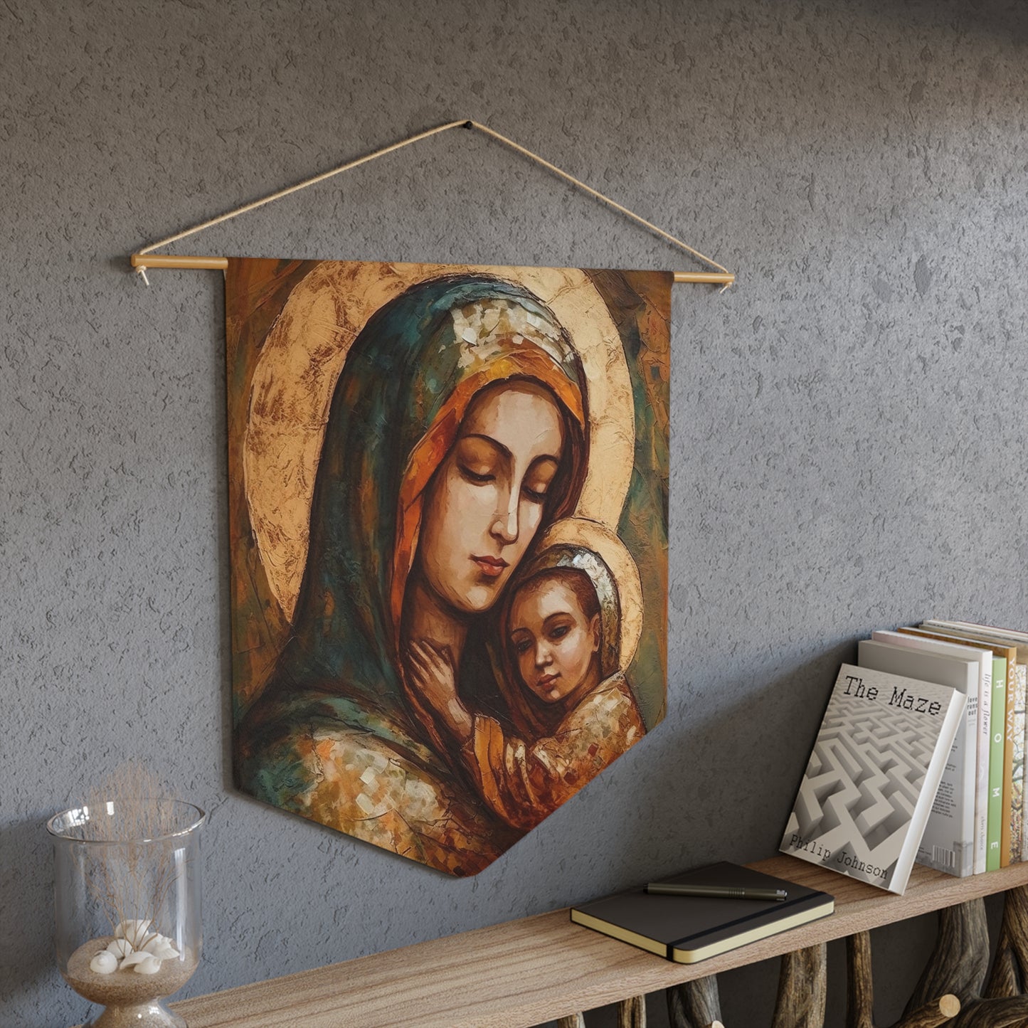 Mother's Blessing - Virgin Mary and the Christ Child Wall Banner / Wall Hanging - Prayer room - Catholic Home - 18" x 21"