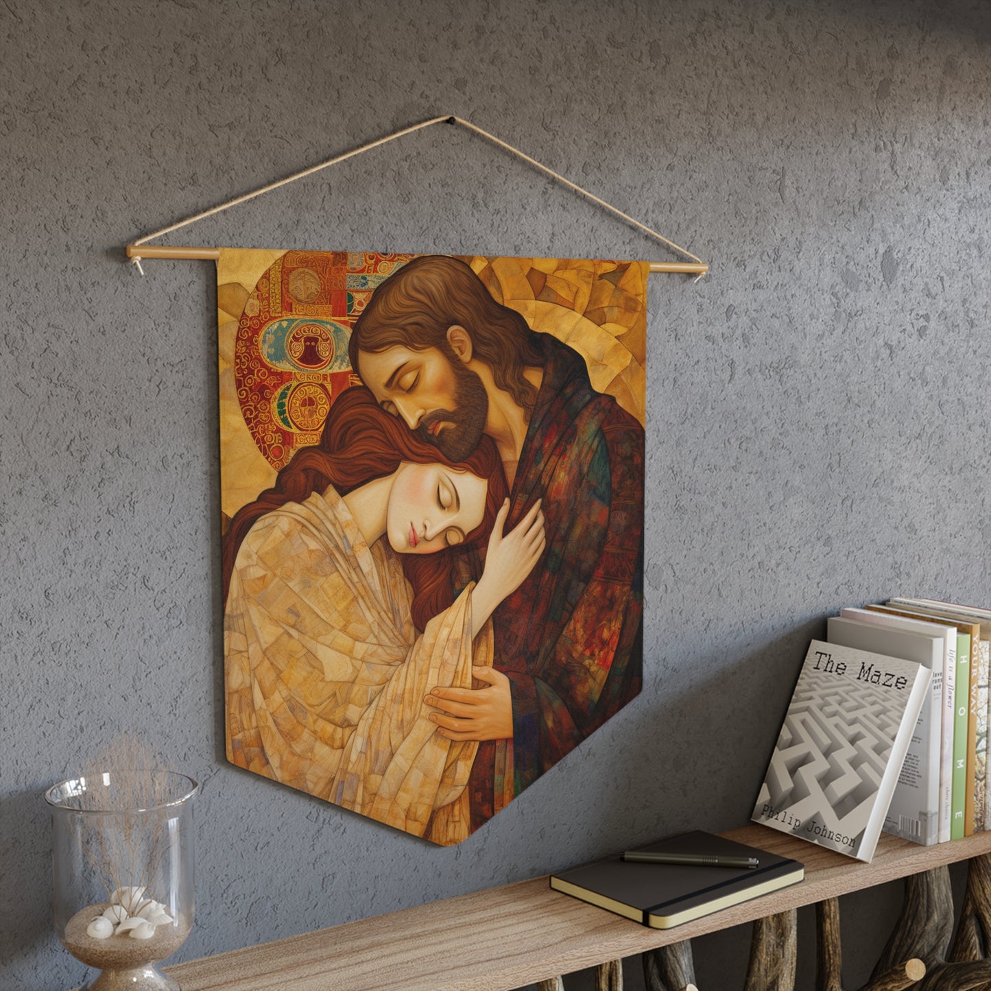 Healing Love- The Embrace of Christ and Mary Magdalene Wall Banner / Wall Hanging - 18" x 21" - Based on The Kiss by Gustav Klimt