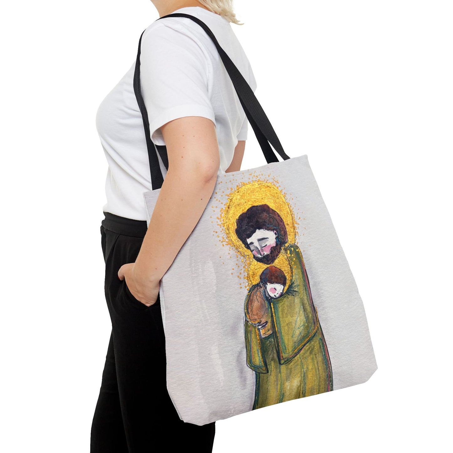 Saint Joseph Catholic Tote Bag | St Joseph and Child Christian Tote | Hand-Drawn Sacred Art Tote | Sanctified Solocosmo Religious Tote