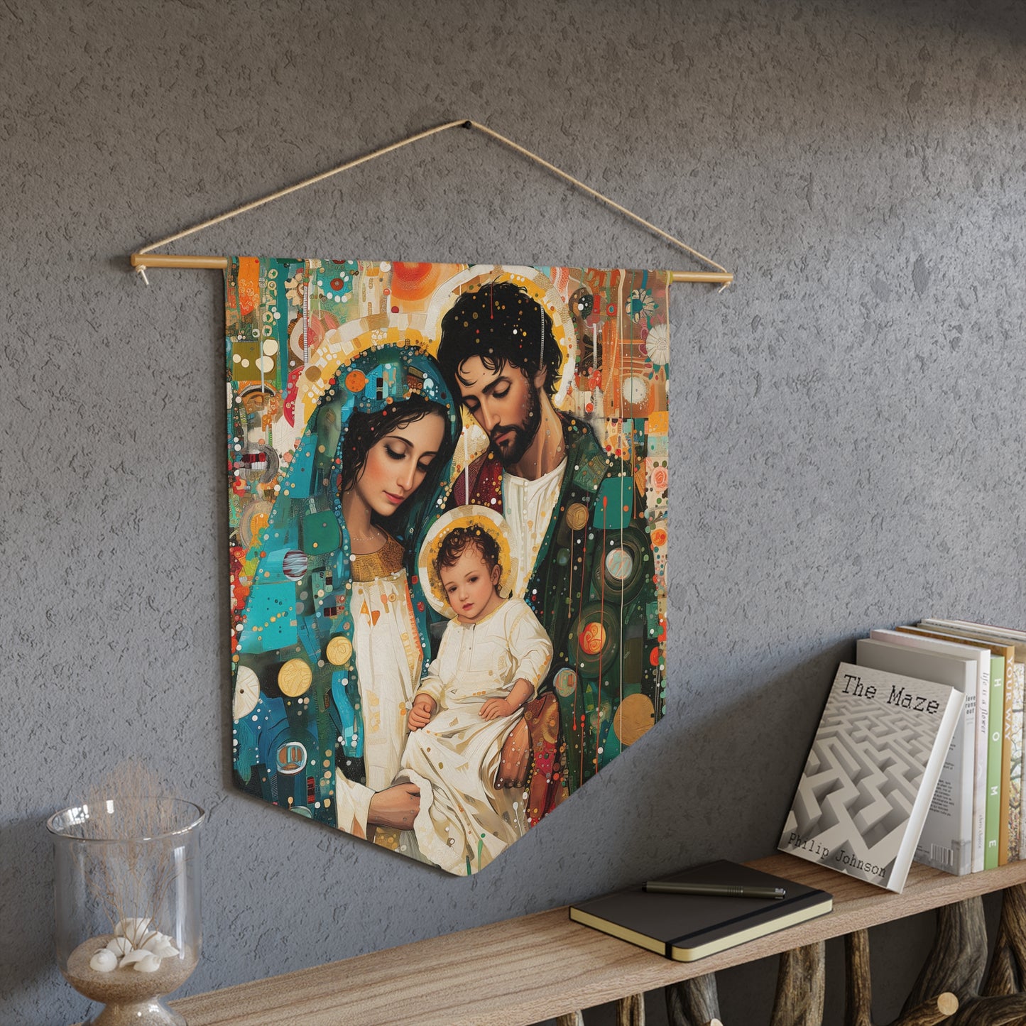 Eternal Light - Mary, Joseph, and the Christ Child Wall Banner / Wall Hanging - Prayer room art - Catholic - Large - 18" x 21" - Holy Family