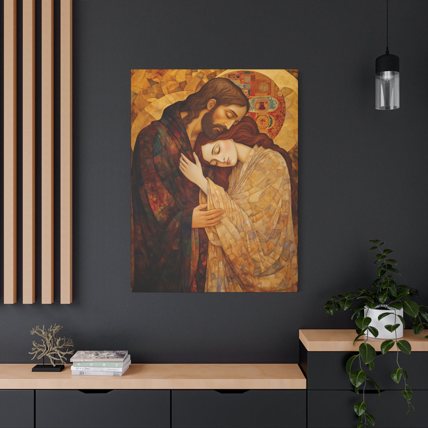 Healing Love- The Embrace of Christ and Mary Magdalene Museum Wrapped Canvas - Sanctified Souls Print -Based on Klimt's The Kiss