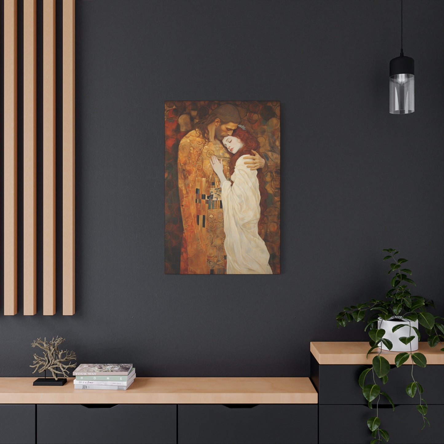 Transcendent Devotion: Christ Embracing Mary Magdalene Museum Wrapped Canvas - Sanctified Souls Print - Based on Klimt's The Kiss
