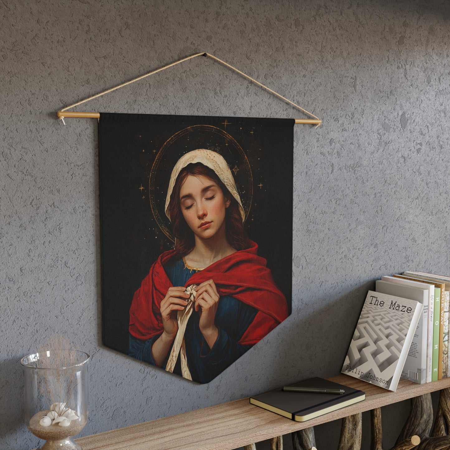 Mary Undoer of Knots - Mother Mary - Untier of Knots - Marian Art - Pennant / Banner / Wall Hanging - Catholic Art - Large - 18" x 21"