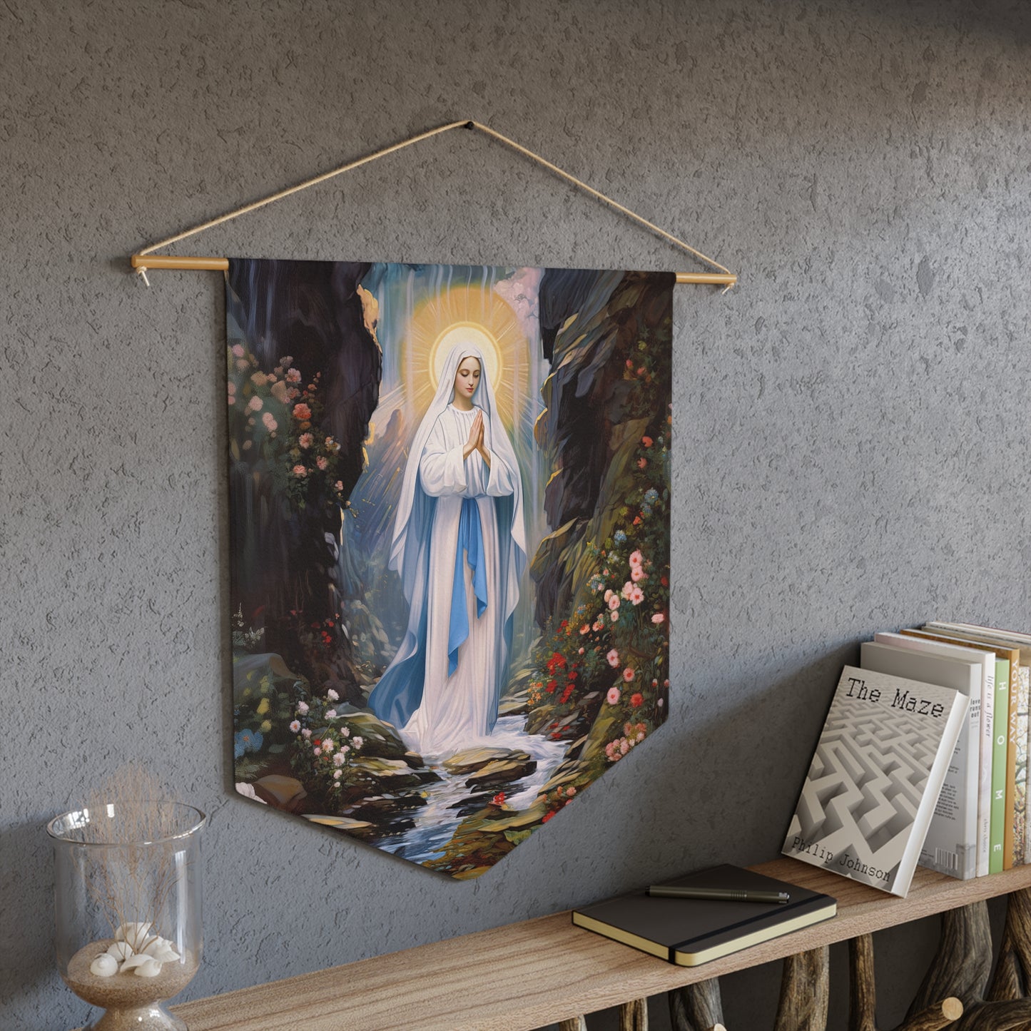 Our Lady of Lourdes Wall Banner / Wall Hanging / Pennant - Prayer room art - Catholic - Mary Blessed Virgin Art for your home - 18" x 21"