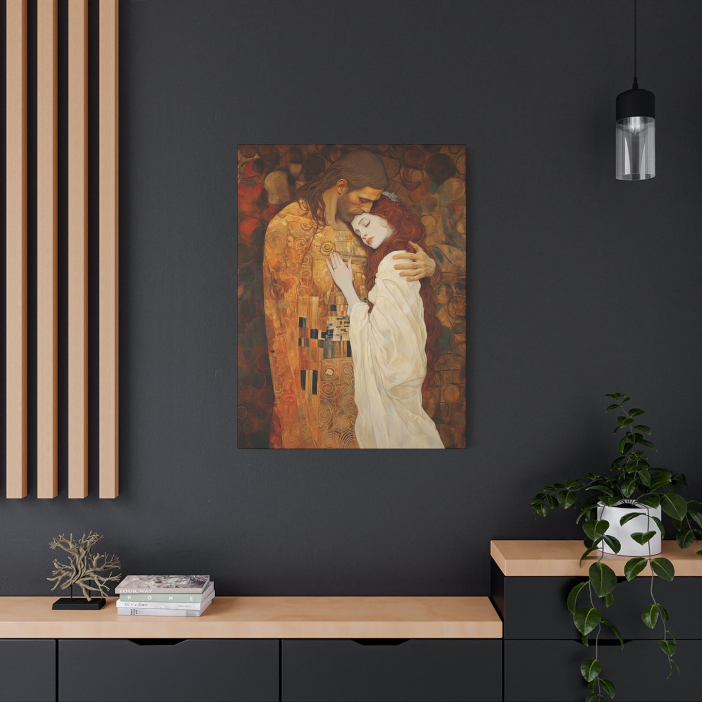 Transcendent Devotion: Christ Embracing Mary Magdalene Museum Wrapped Canvas - Sanctified Souls Print - Based on Klimt's The Kiss