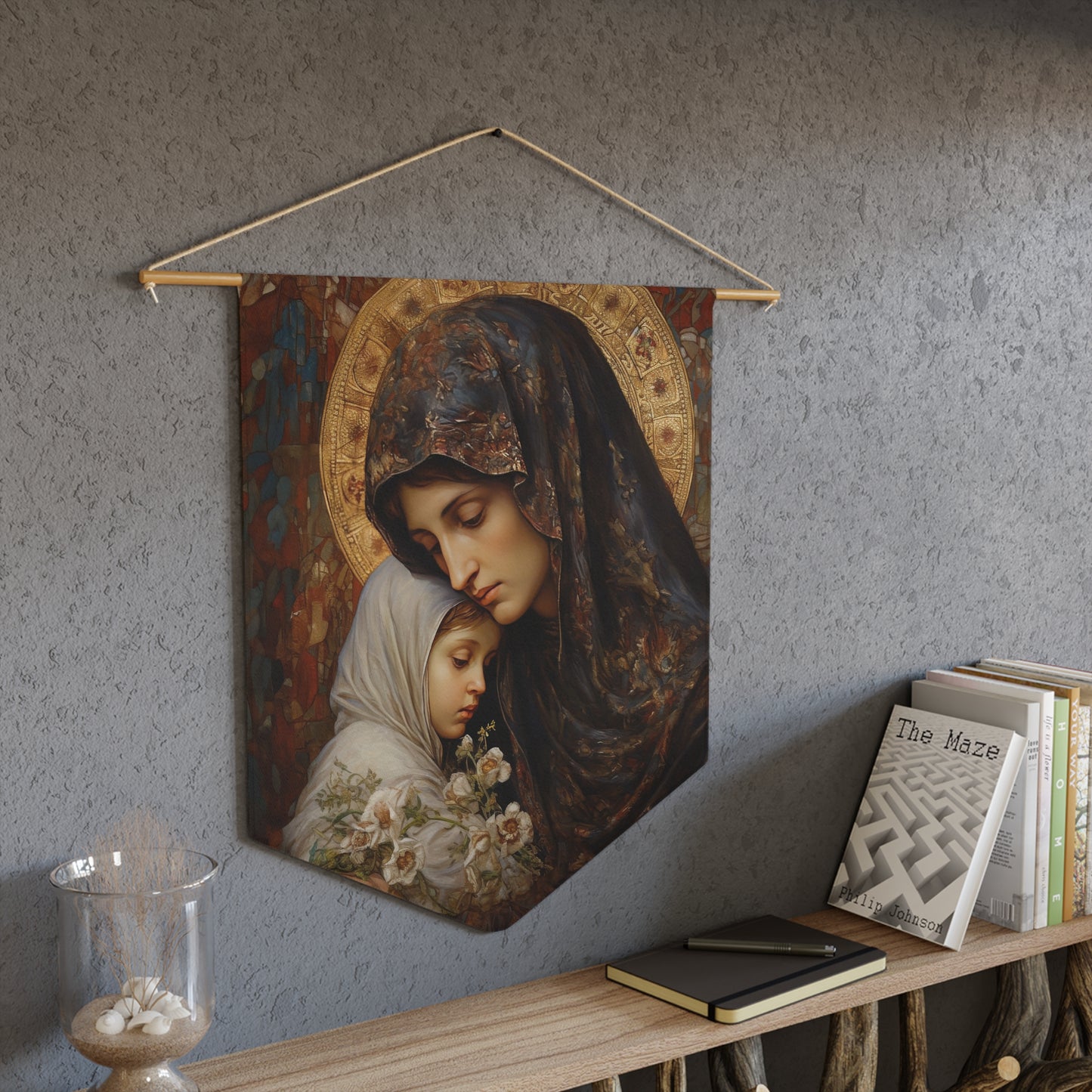 Mary, Mother of God - Protectress of Families Pennant / Banner / Wall Hanging - Prayer room art - 18" x 21" - Catholic Gift