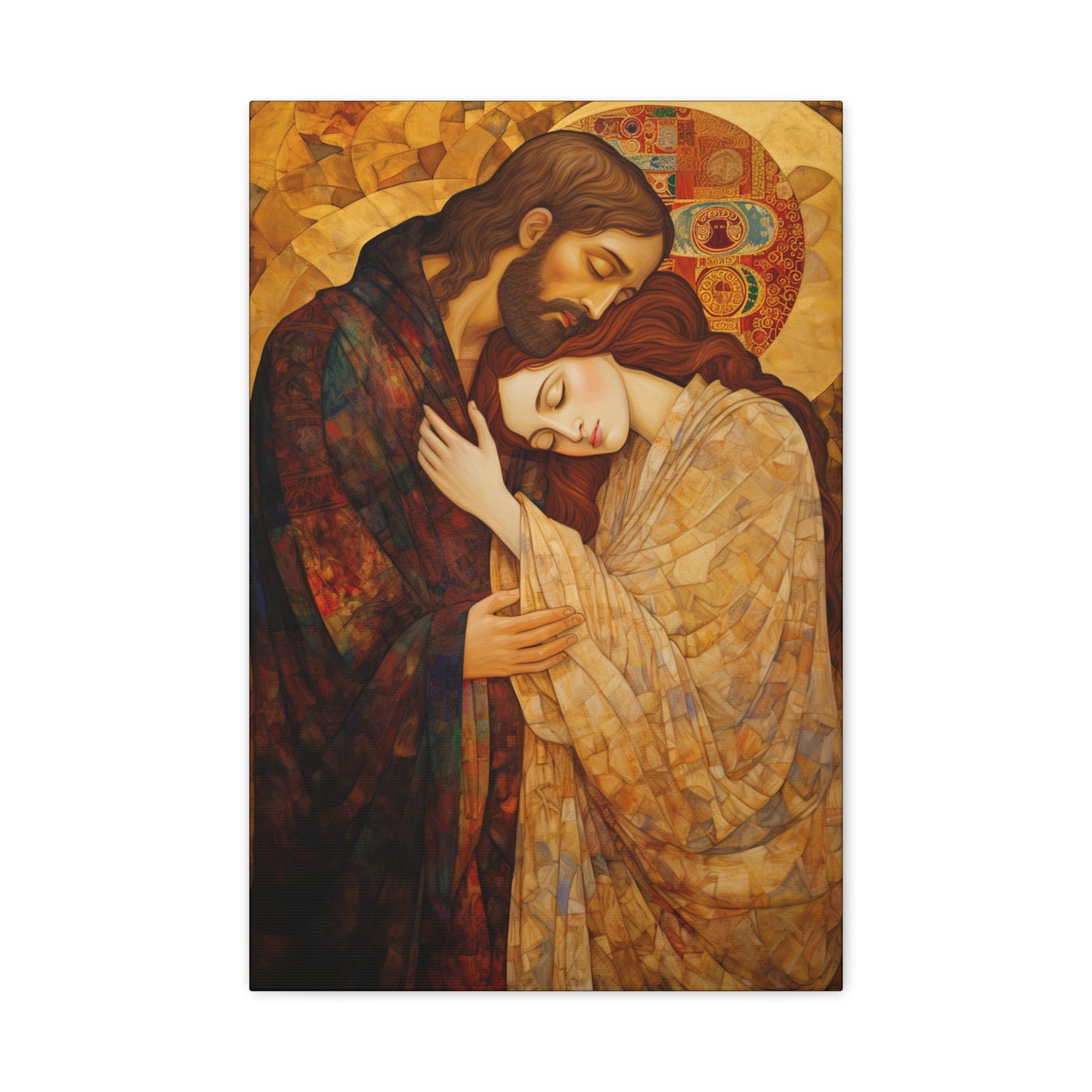 Healing Love- The Embrace of Christ and Mary Magdalene Museum Wrapped Canvas - Sanctified Souls Print -Based on Klimt's The Kiss