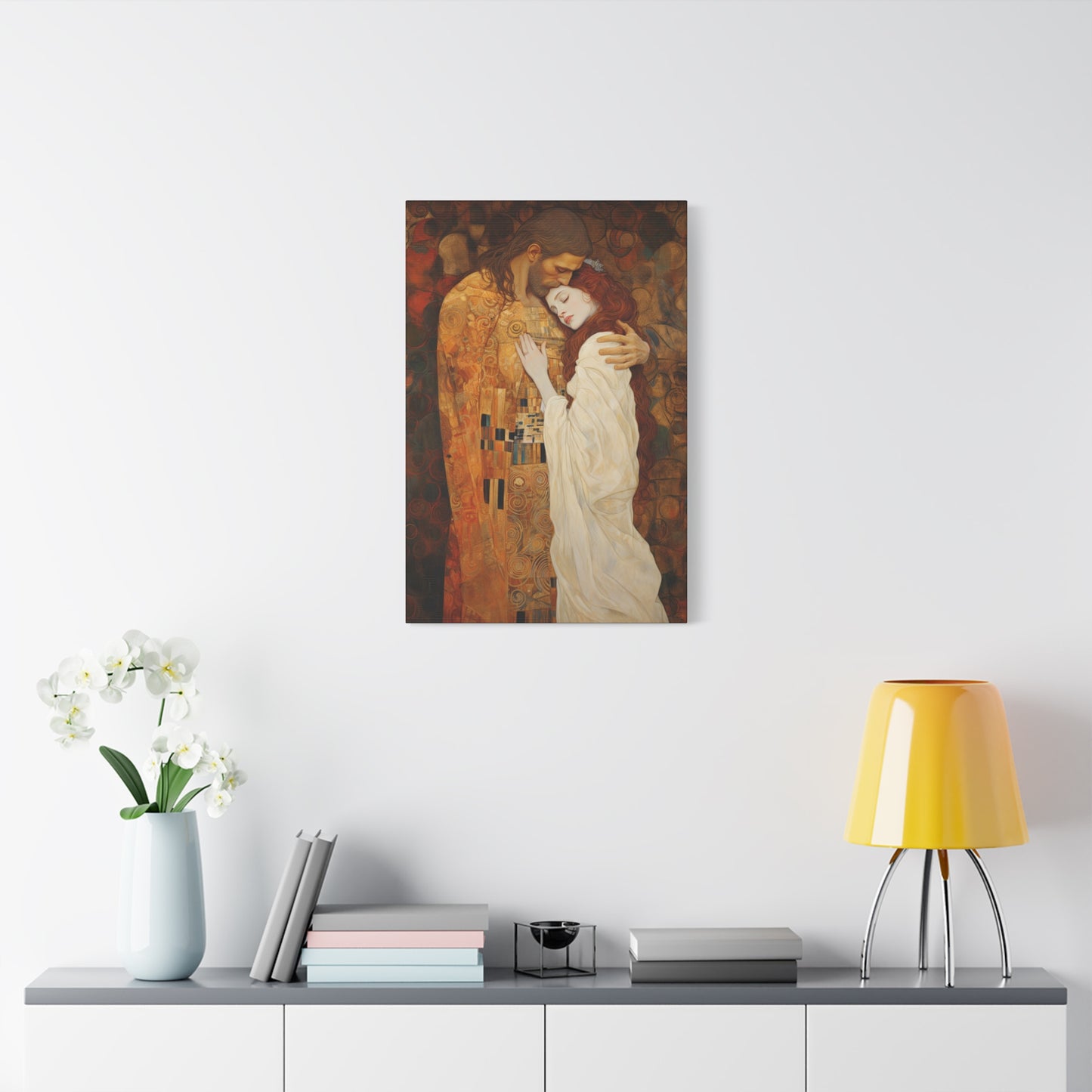 Transcendent Devotion: Christ Embracing Mary Magdalene Museum Wrapped Canvas - Sanctified Souls Print - Based on Klimt's The Kiss