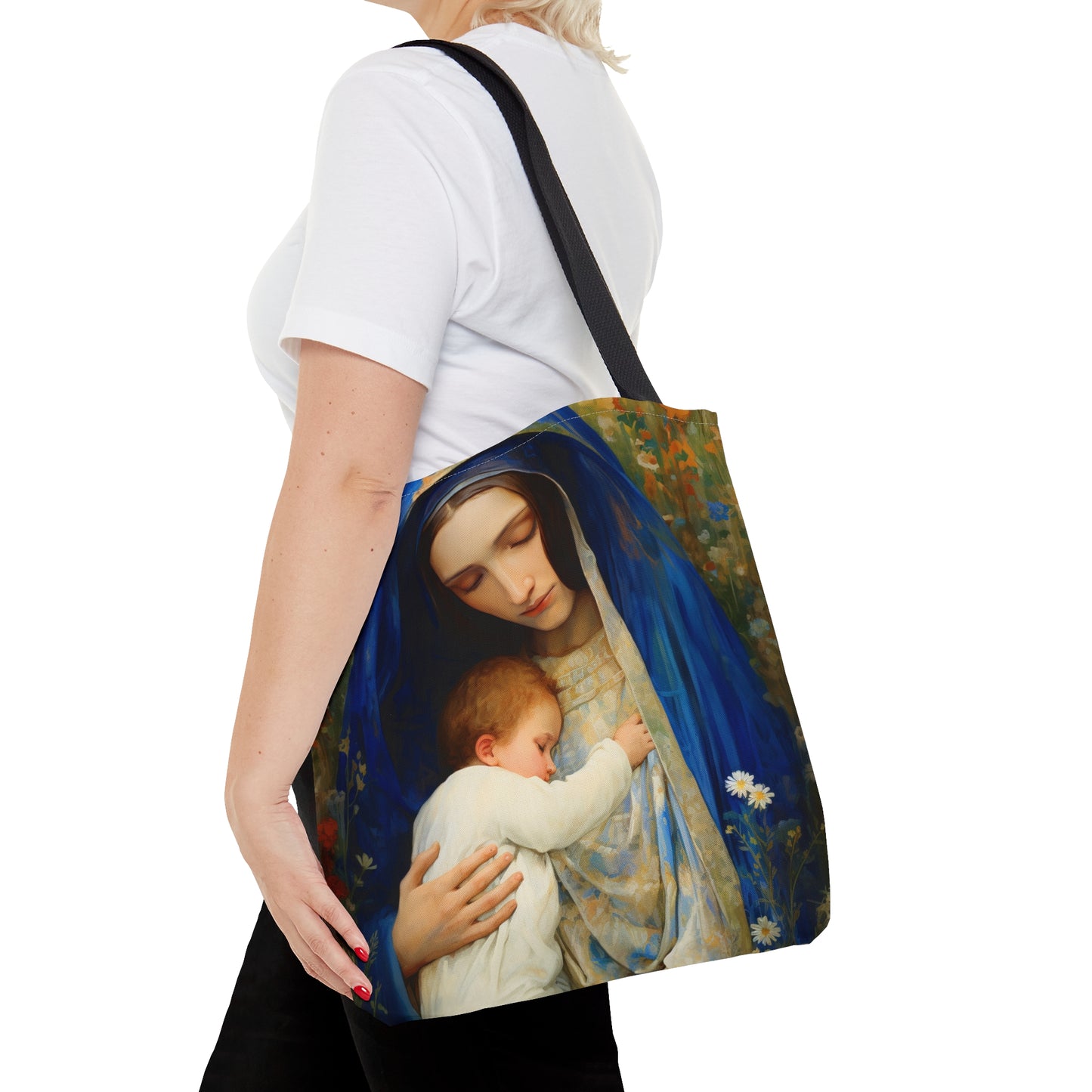 The Eternal Mother Mary and the Infant Jesus Tote Bag - Catholic faith inspired carry-all purse - day to day bag - Double Sided