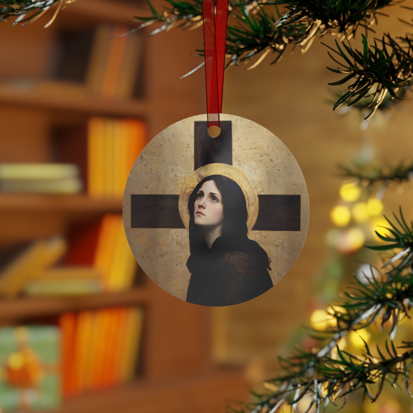 Our Lady of the Cross - Mother Mary - Our Lady of the Crucifix - Marian Art - Metal Ornament - Religious Holiday Christmas Ornament