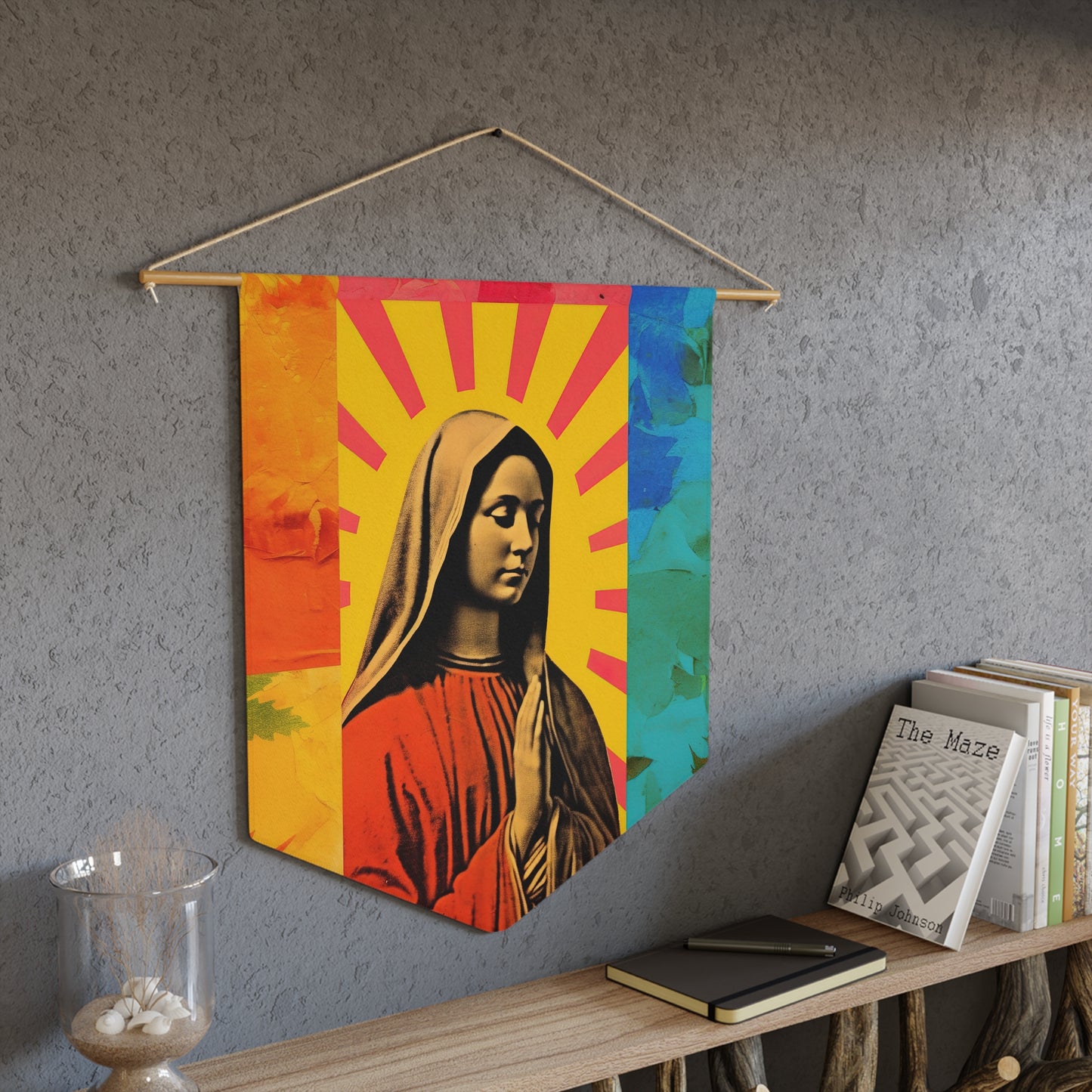 Radiant Mary Wall Banner / Wall Hanging / Pennant - Prayer room - Catholic Art - Saint Art - Large Saint Print - 18" x 21" - Virgin Mary Art
