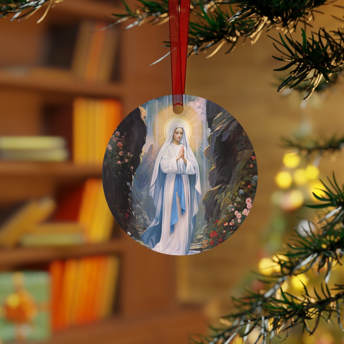 Our Lady of Lourdes Metal Ornament - Religious Holiday Christmas Ornament and Keepsake - Double sided