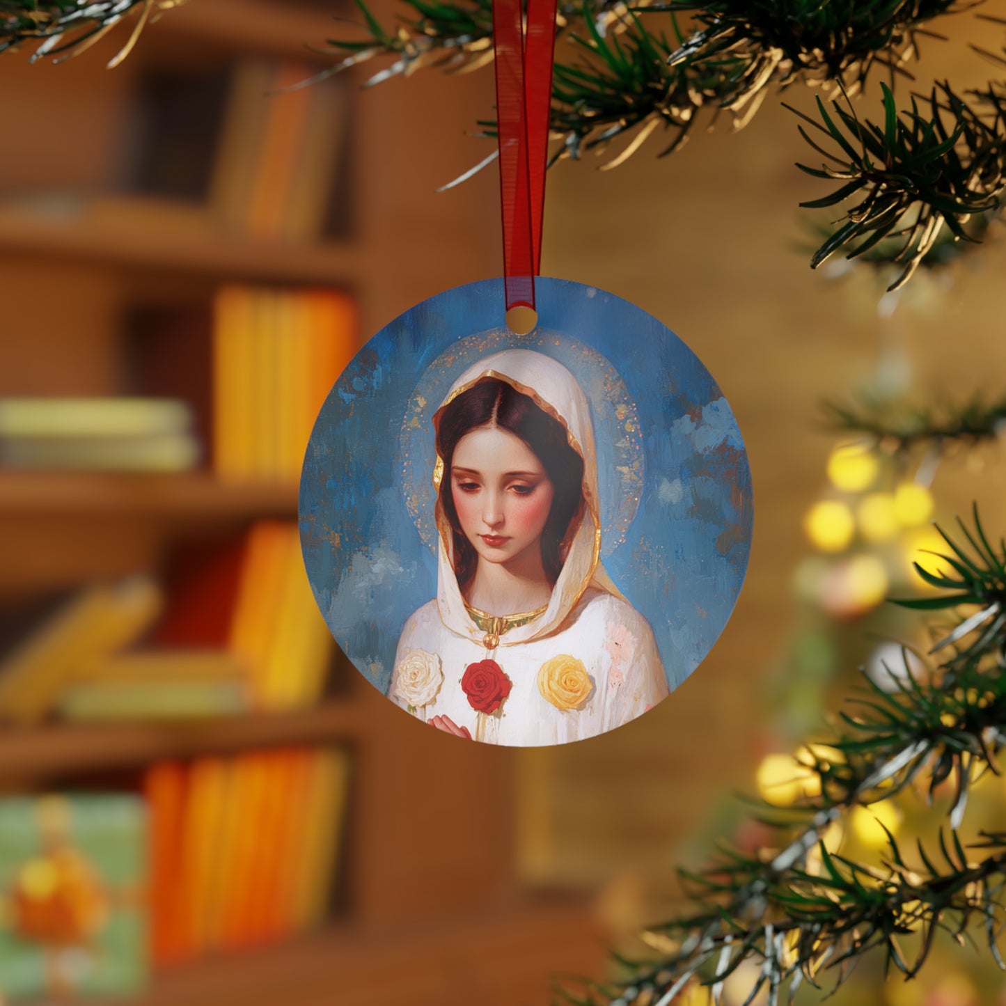 Rosa Mystica - Mystical Rose - Mother Mary - Marian Art - Metal Ornament - Religious Holiday Christmas Ornament