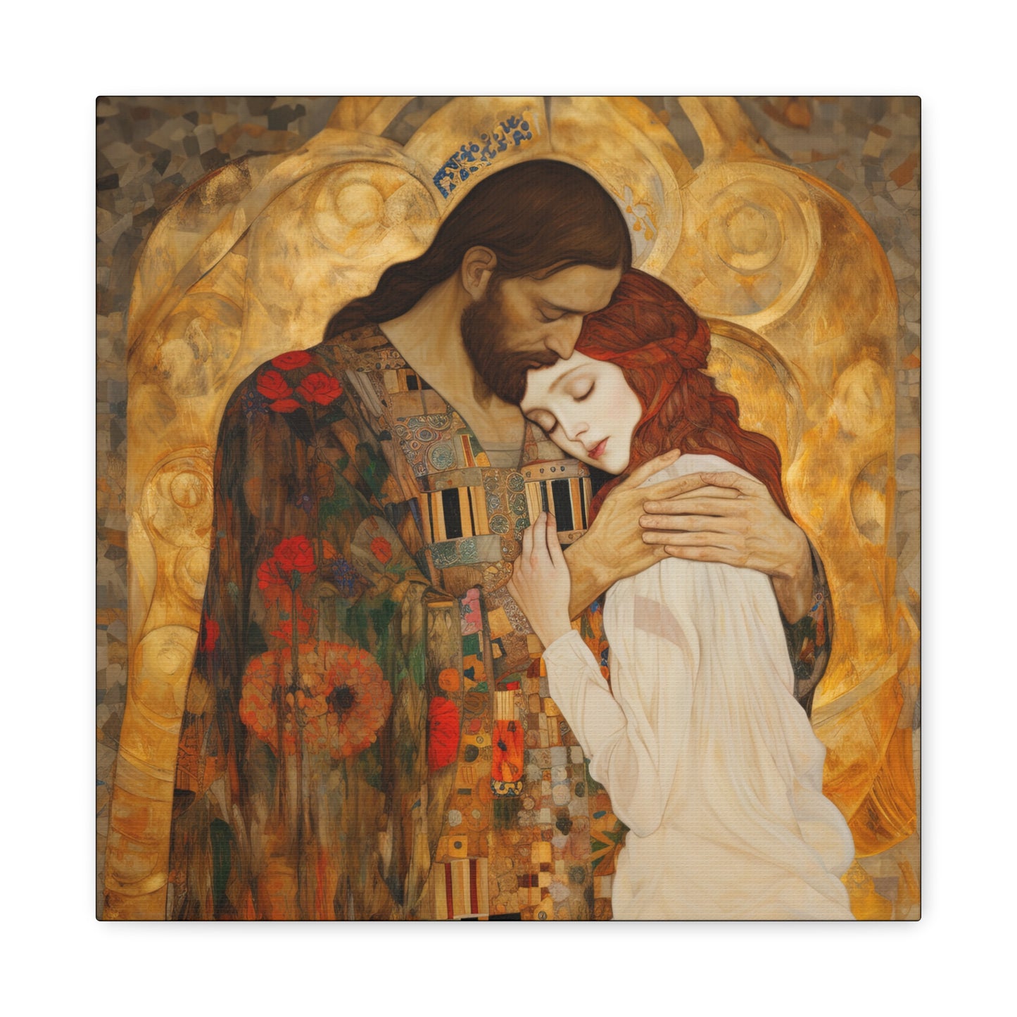 Christ Embracing Mary Magdalene Museum Wrapped Canvas - Sanctified Souls Print -Based on Klimt's The Kiss - Religious Catholic Art