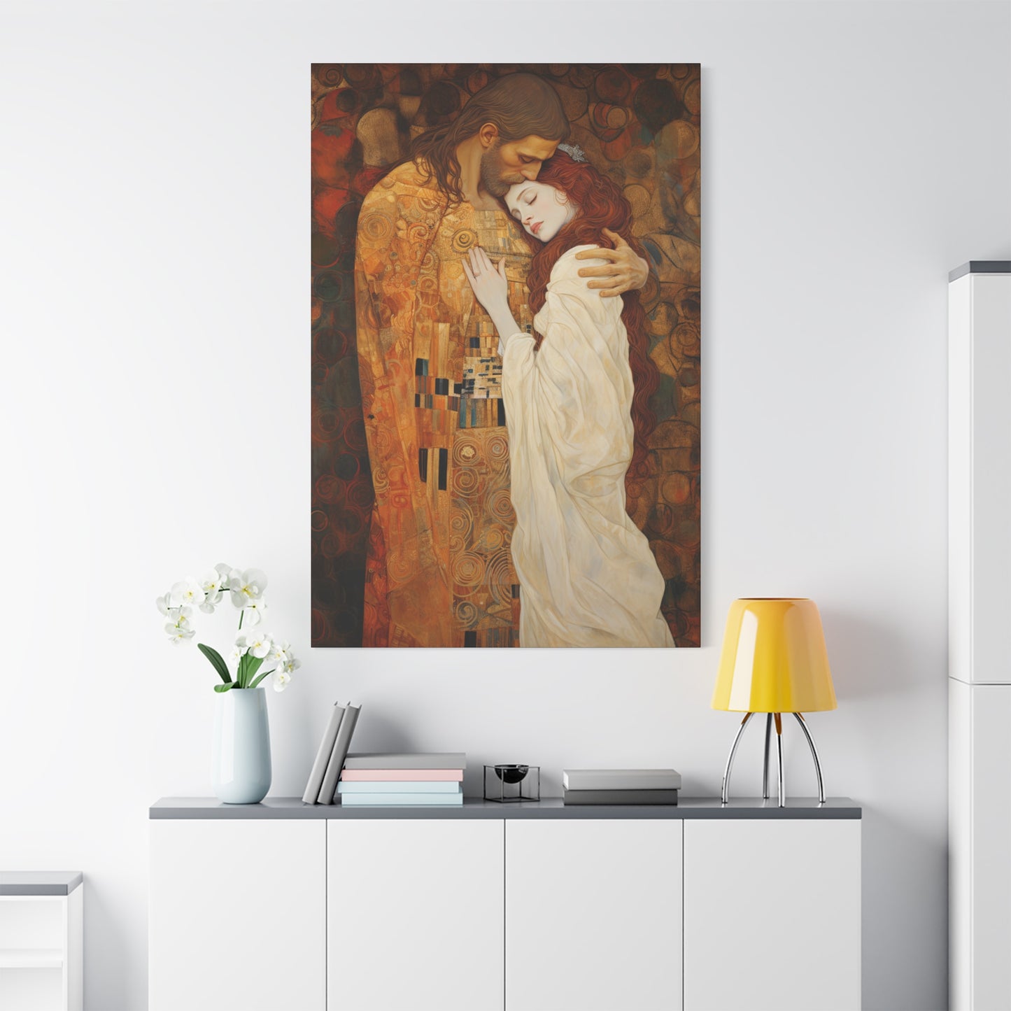Transcendent Devotion: Christ Embracing Mary Magdalene Museum Wrapped Canvas - Sanctified Souls Print - Based on Klimt's The Kiss