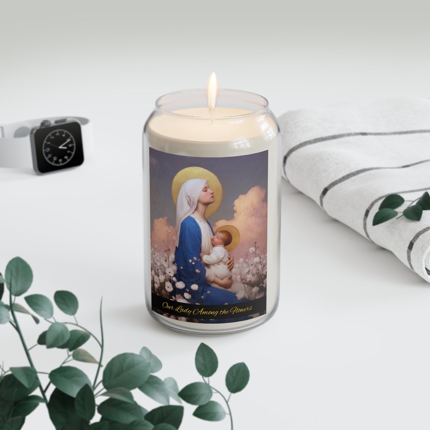 Our Lady Among the Flowers - Scented Prayer Candle, 13.75oz - Candle - Catholic Art - prayer room Scented Candle - Martyr Art