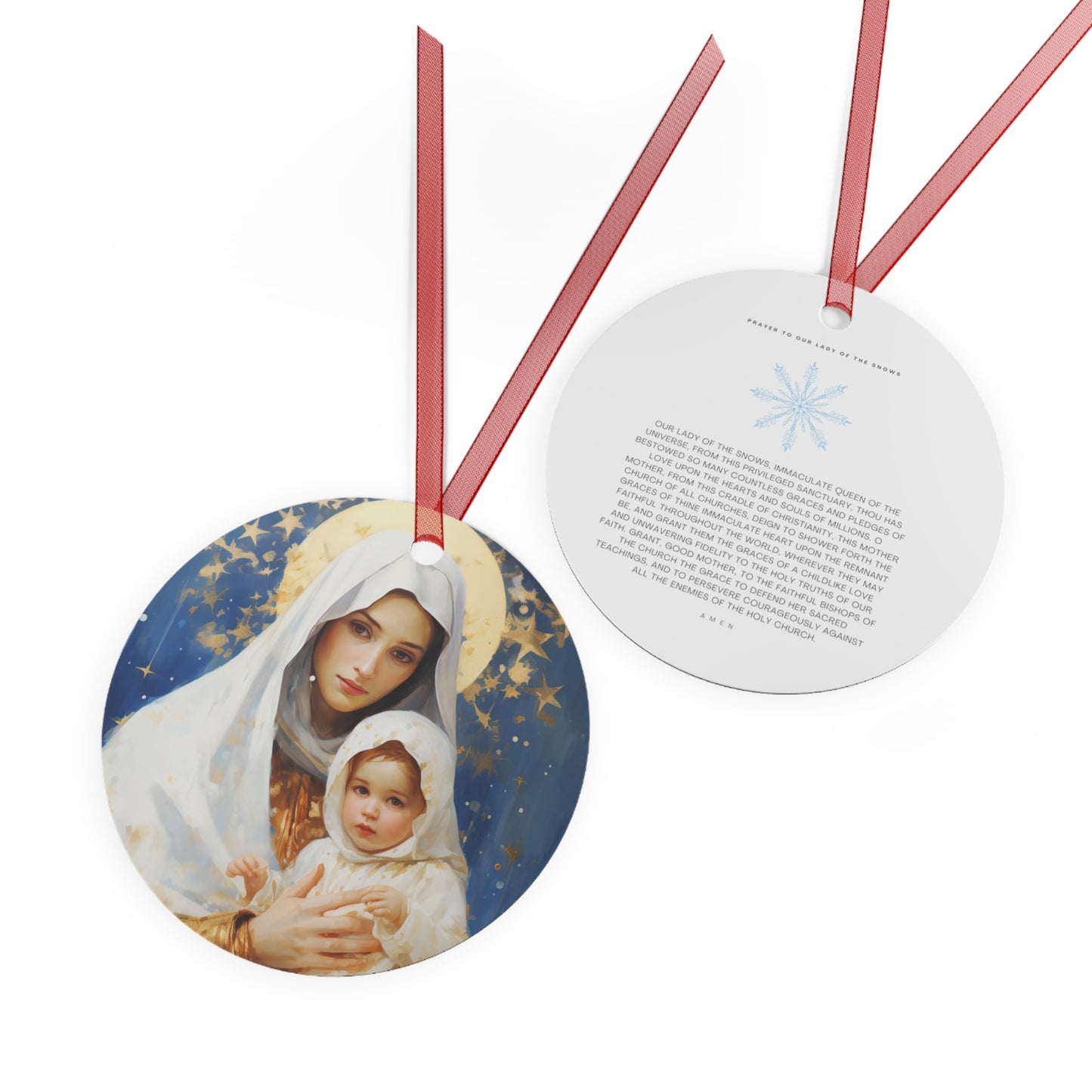 Divine Frost - Our Lady of the Snows Metal Ornament - Religious Holiday Christmas Ornament and Keepsake - Double sided - Prayer Ornament
