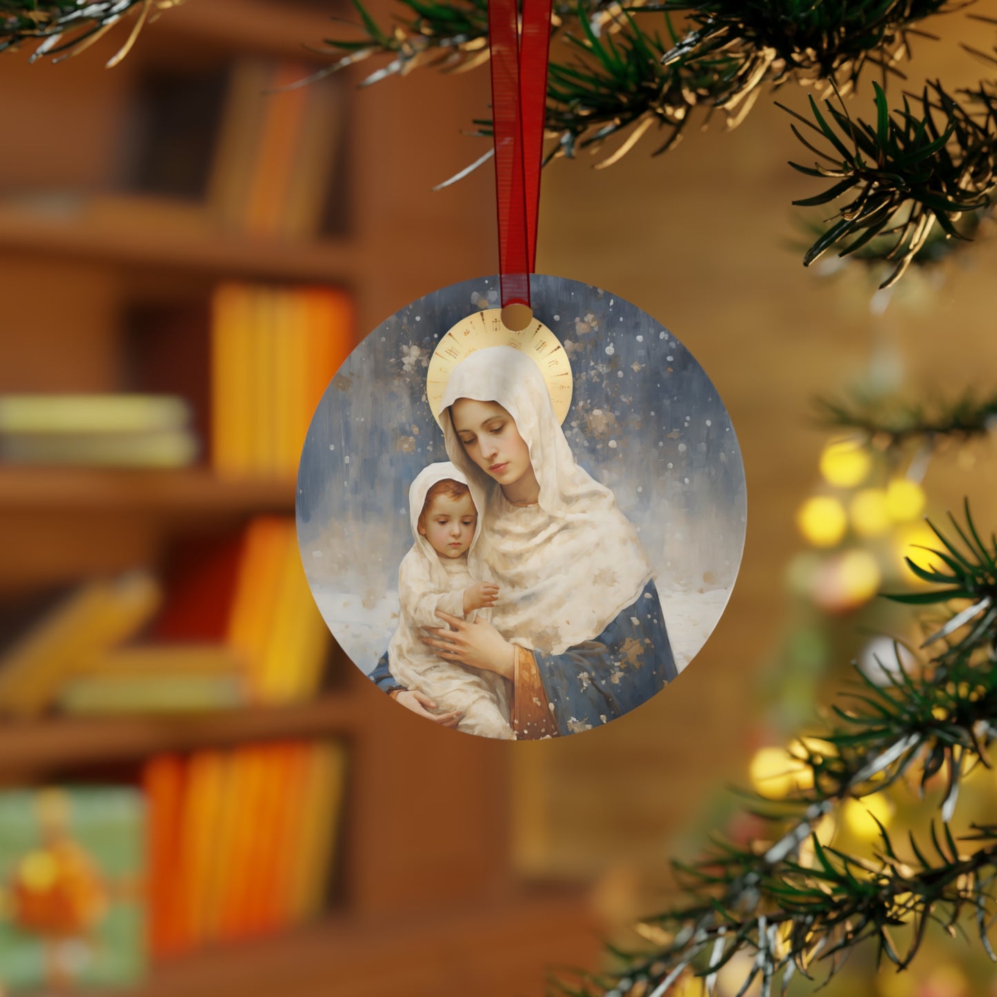Winter's Grace : Our Lady of the Snows Metal Ornament - Religious Holiday Christmas Ornament and Keepsake - Double sided - Prayer Ornament