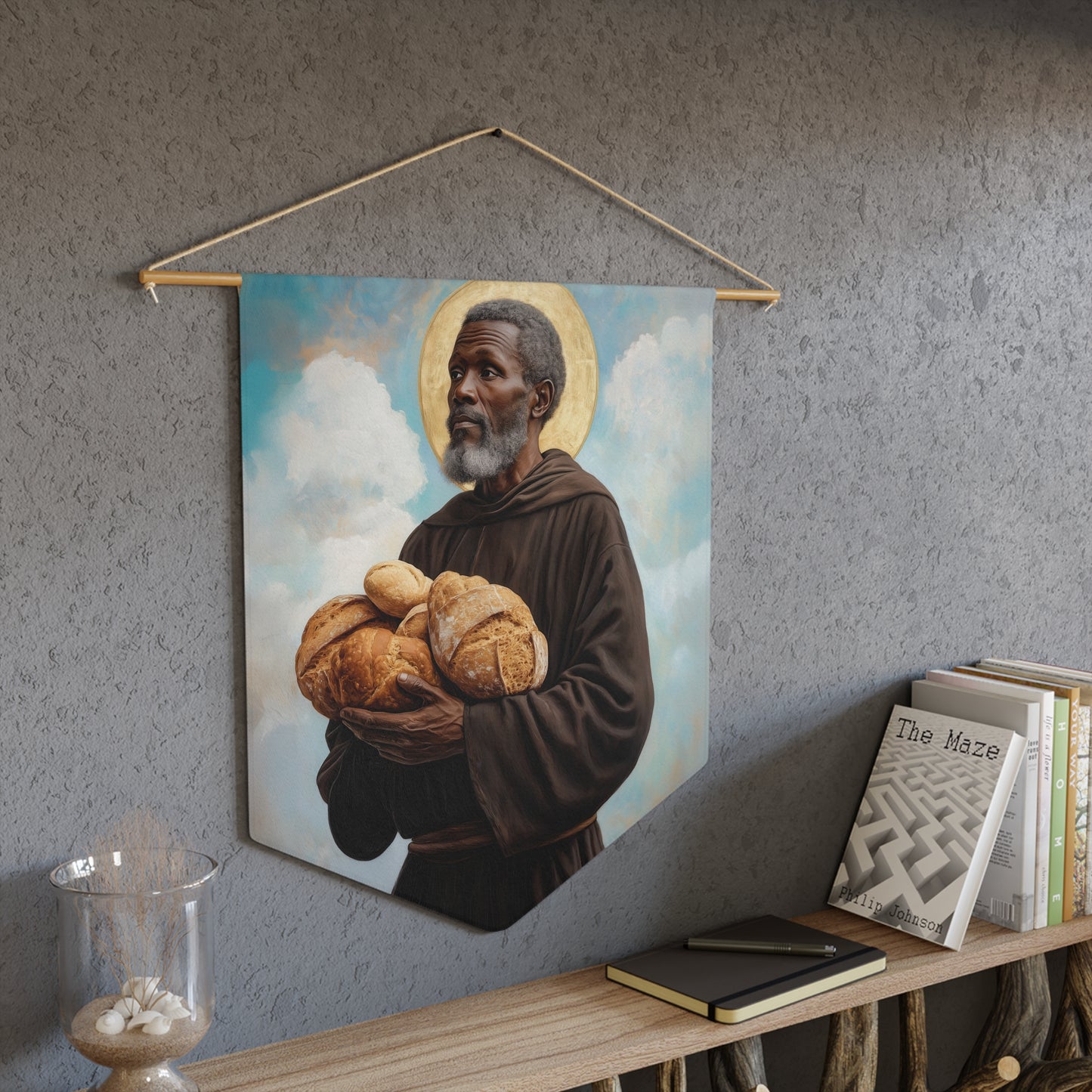 Saint Benedict the Moor Pennant / Banner / Wall Hanging - Prayer room art - Catholic Home - Saint Art for your home - 18" x 21"