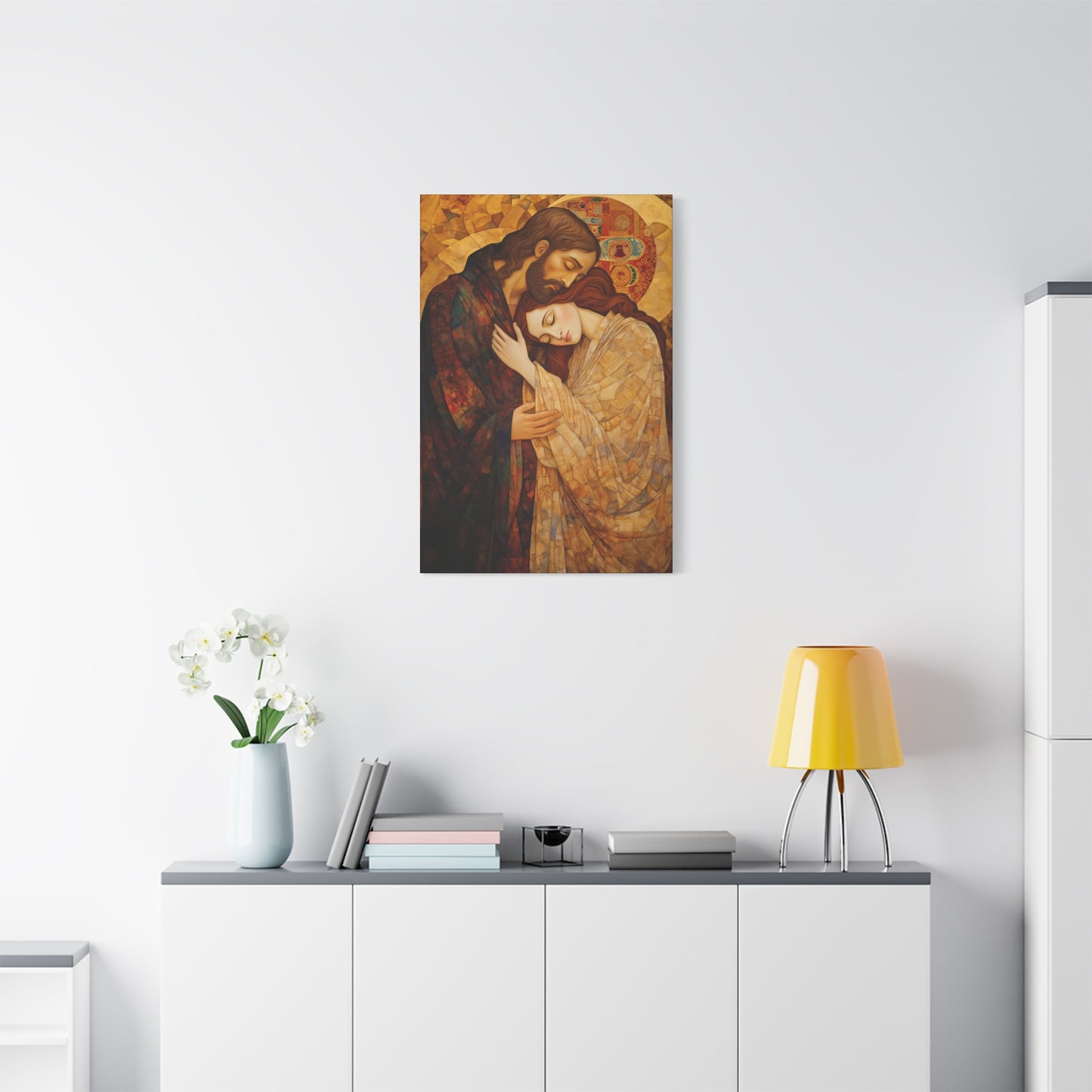 Healing Love- The Embrace of Christ and Mary Magdalene Museum Wrapped Canvas - Sanctified Souls Print -Based on Klimt's The Kiss