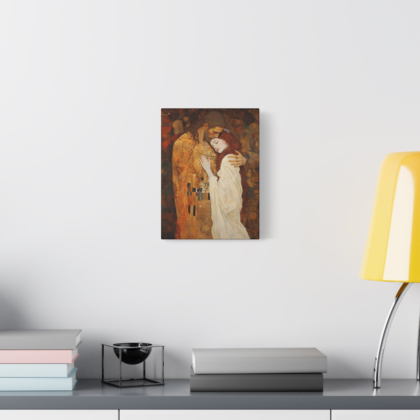 Transcendent Devotion: Christ Embracing Mary Magdalene Museum Wrapped Canvas - Sanctified Souls Print - Based on Klimt's The Kiss