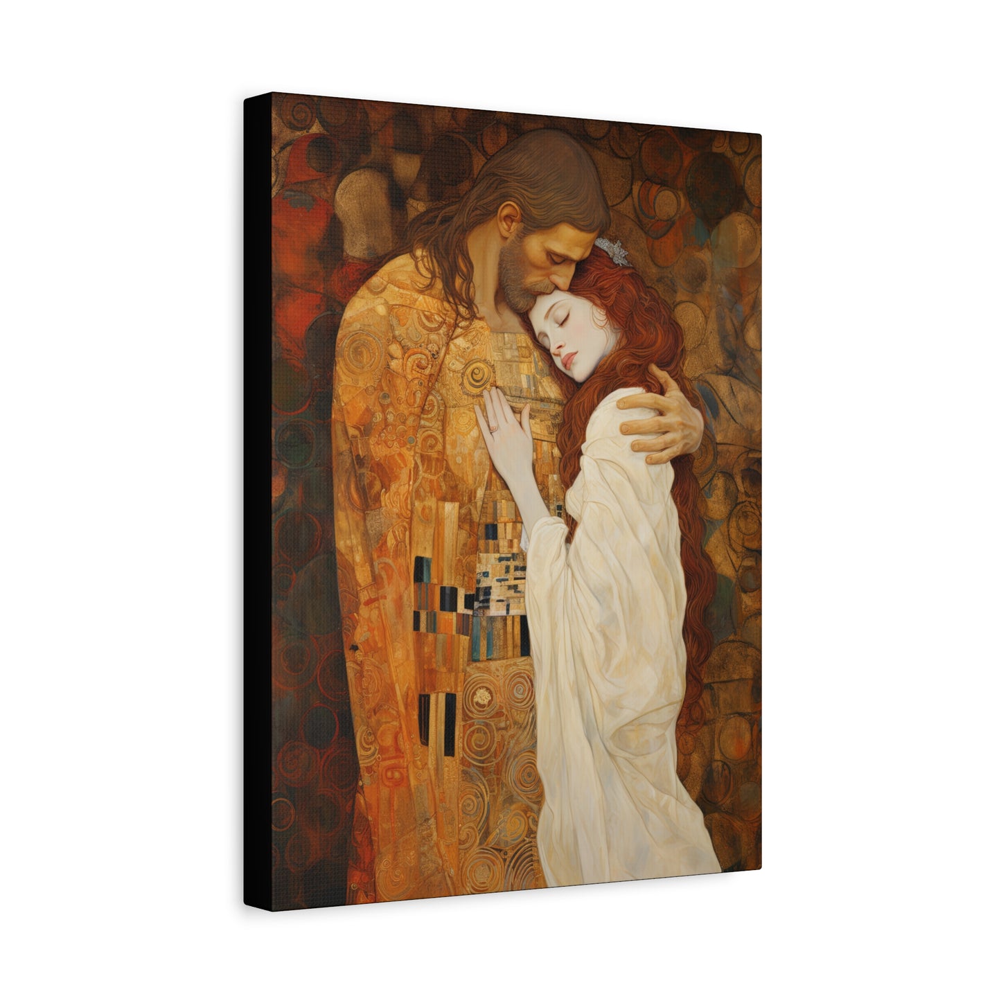 Transcendent Devotion: Christ Embracing Mary Magdalene Museum Wrapped Canvas - Sanctified Souls Print - Based on Klimt's The Kiss