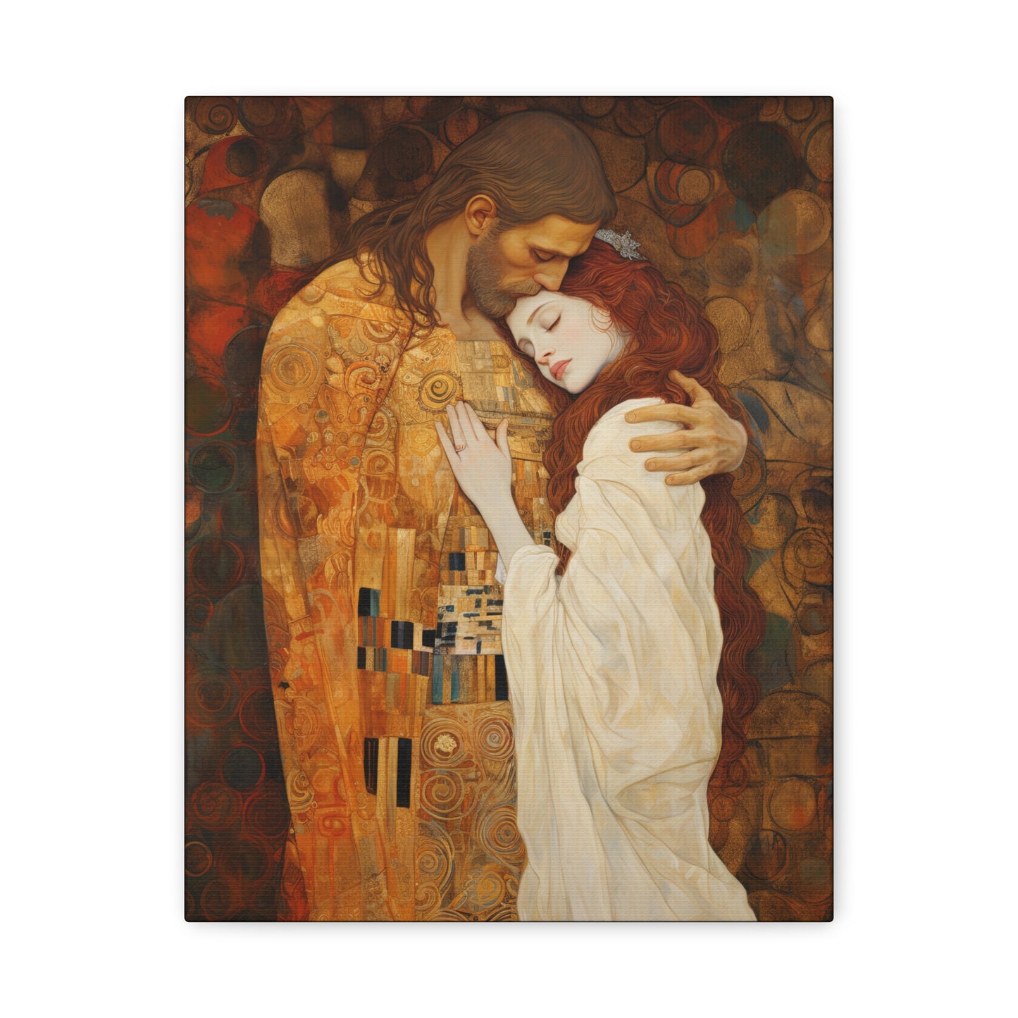 Transcendent Devotion: Christ Embracing Mary Magdalene Museum Wrapped Canvas - Sanctified Souls Print - Based on Klimt's The Kiss
