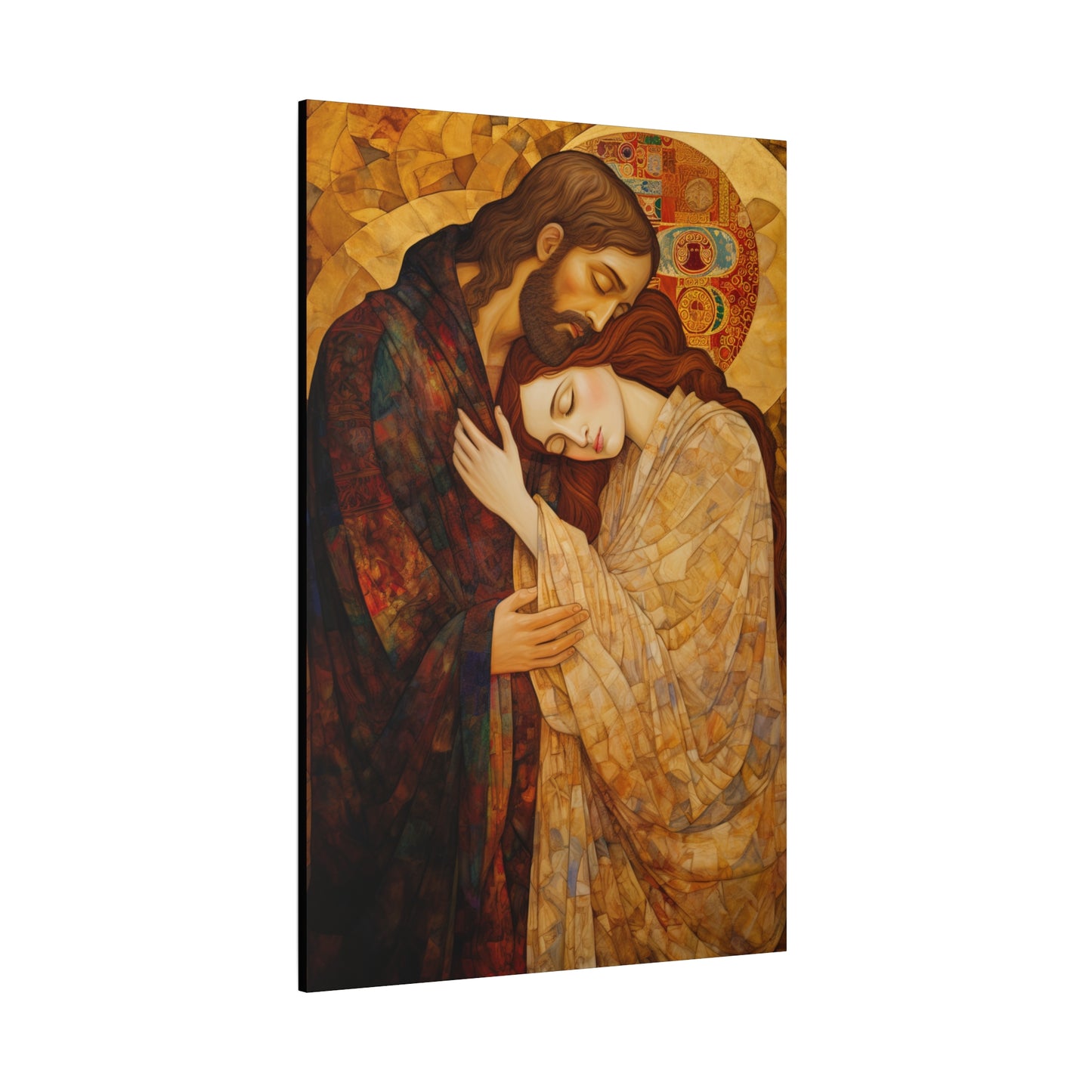 Healing Love- The Embrace of Christ and Mary Magdalene Museum Wrapped Canvas - Sanctified Souls Print -Based on Klimt's The Kiss
