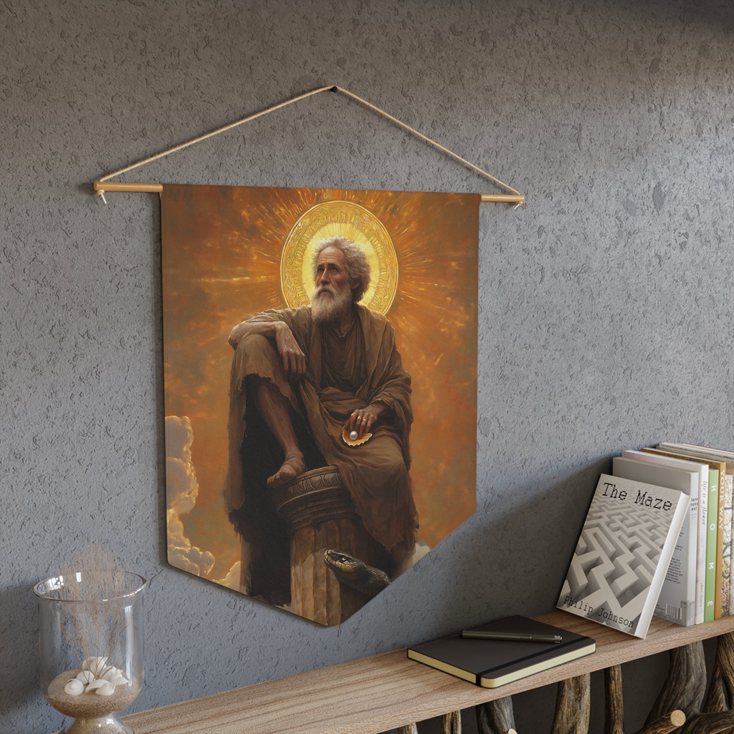 Saint Simeon Stylites Pennant / Banner / Wall Hanging - Prayer room art - 18" x 21" - Catholic prayer Religious - Large Print Home Decor