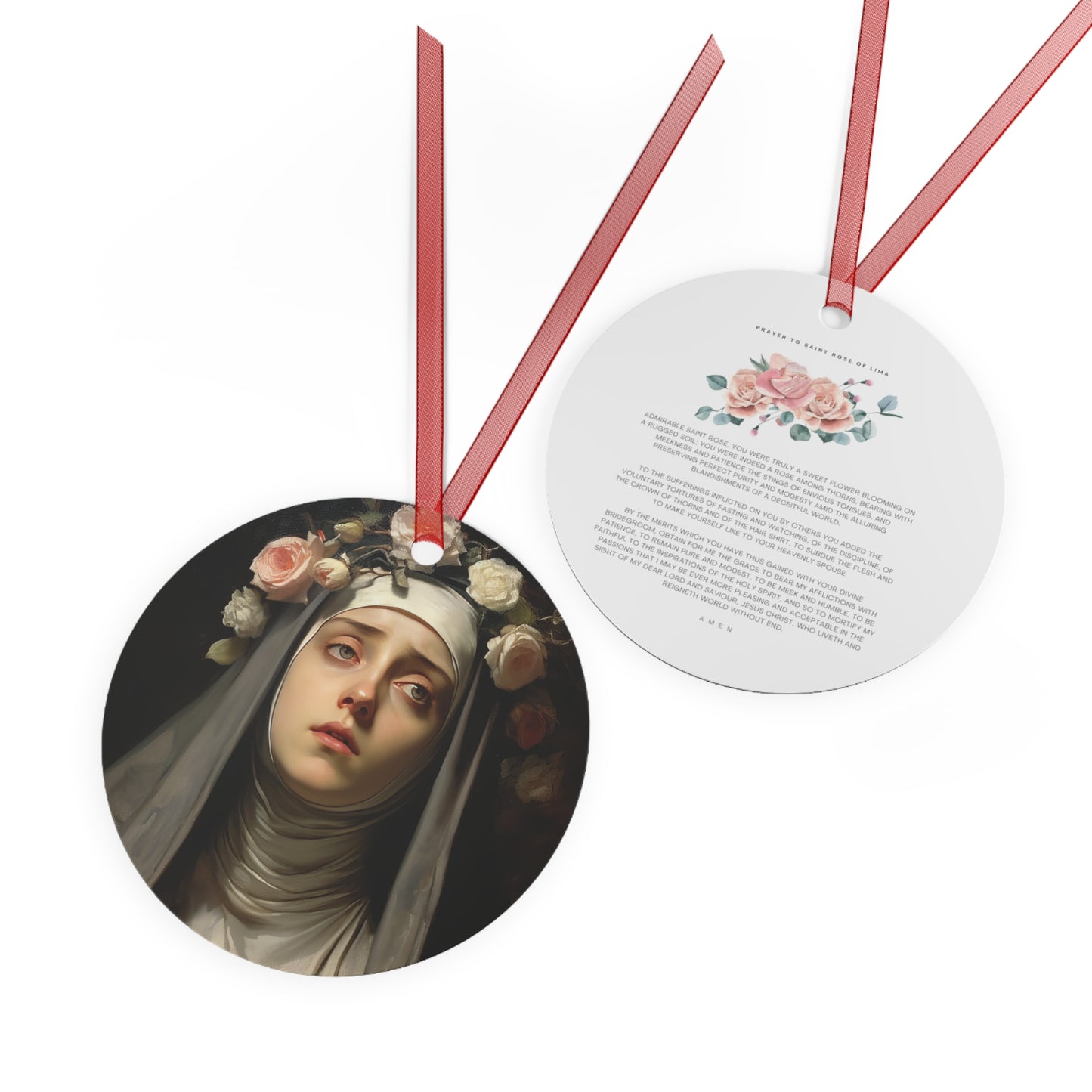 Saint Rose of Lima Metal Ornament - Religious Holiday Christmas Ornament and Keepsake - Double sided - Prayer Ornament