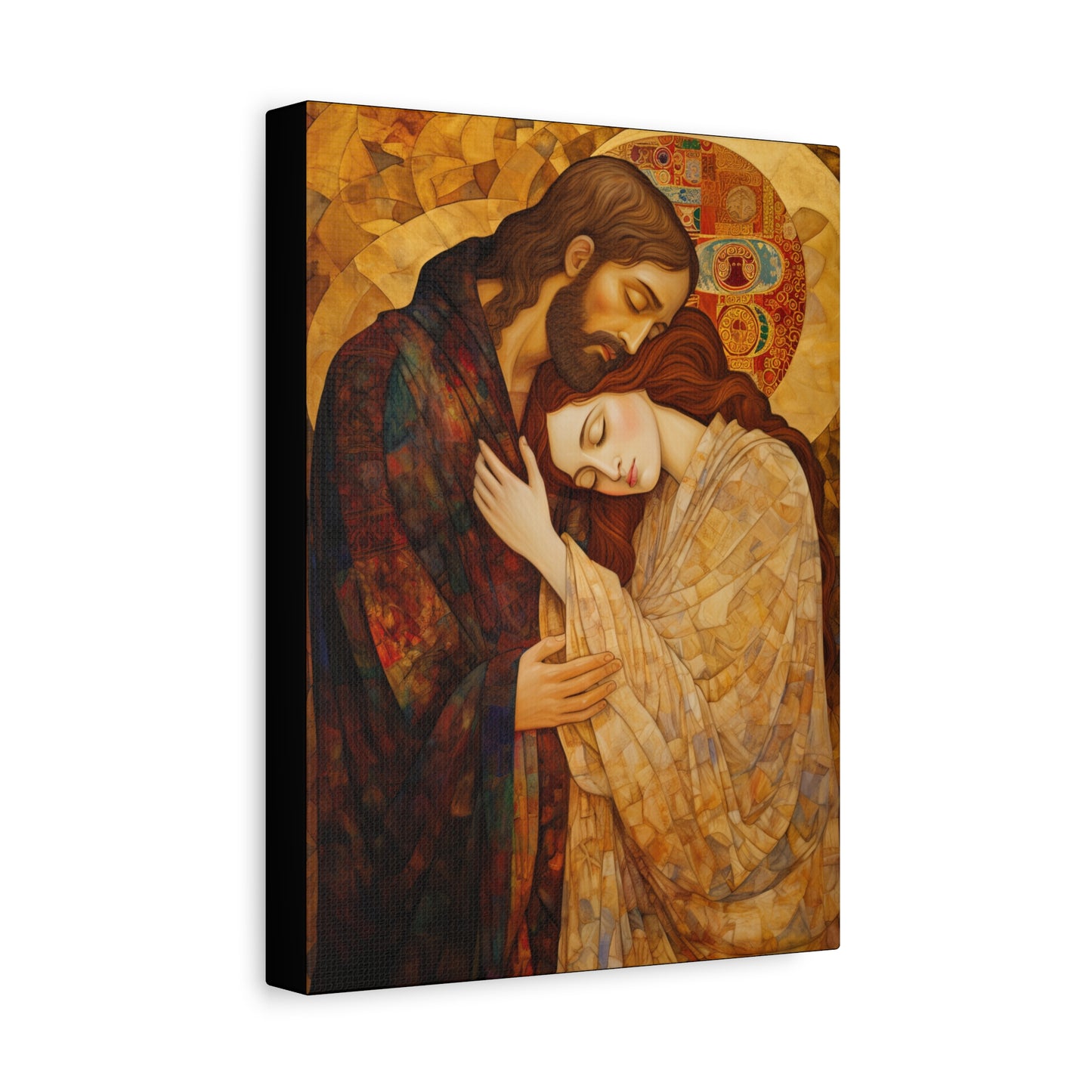 Healing Love- The Embrace of Christ and Mary Magdalene Museum Wrapped Canvas - Sanctified Souls Print -Based on Klimt's The Kiss