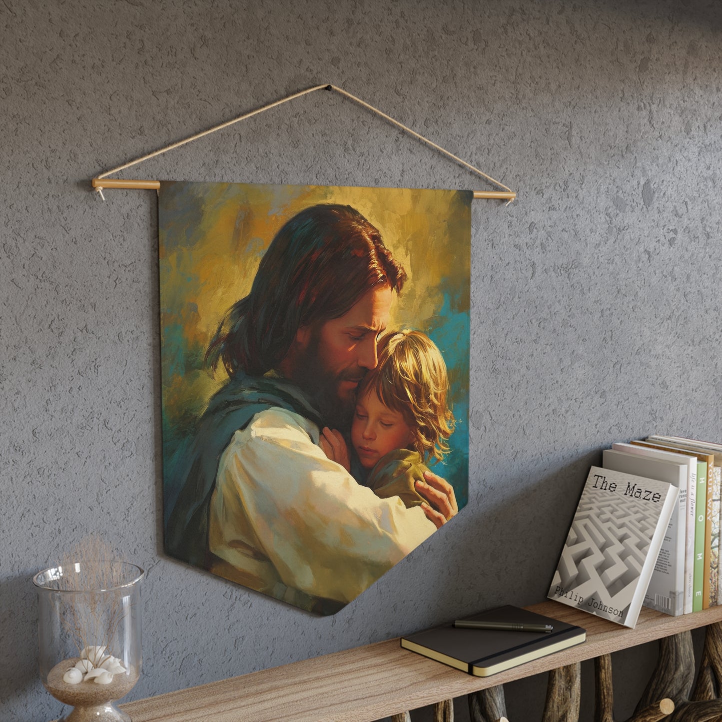 Christ's Compassionate Embrace Pennant / Banner / Wall Hanging - Prayer room art - 18" x 21" - Catholic Gift