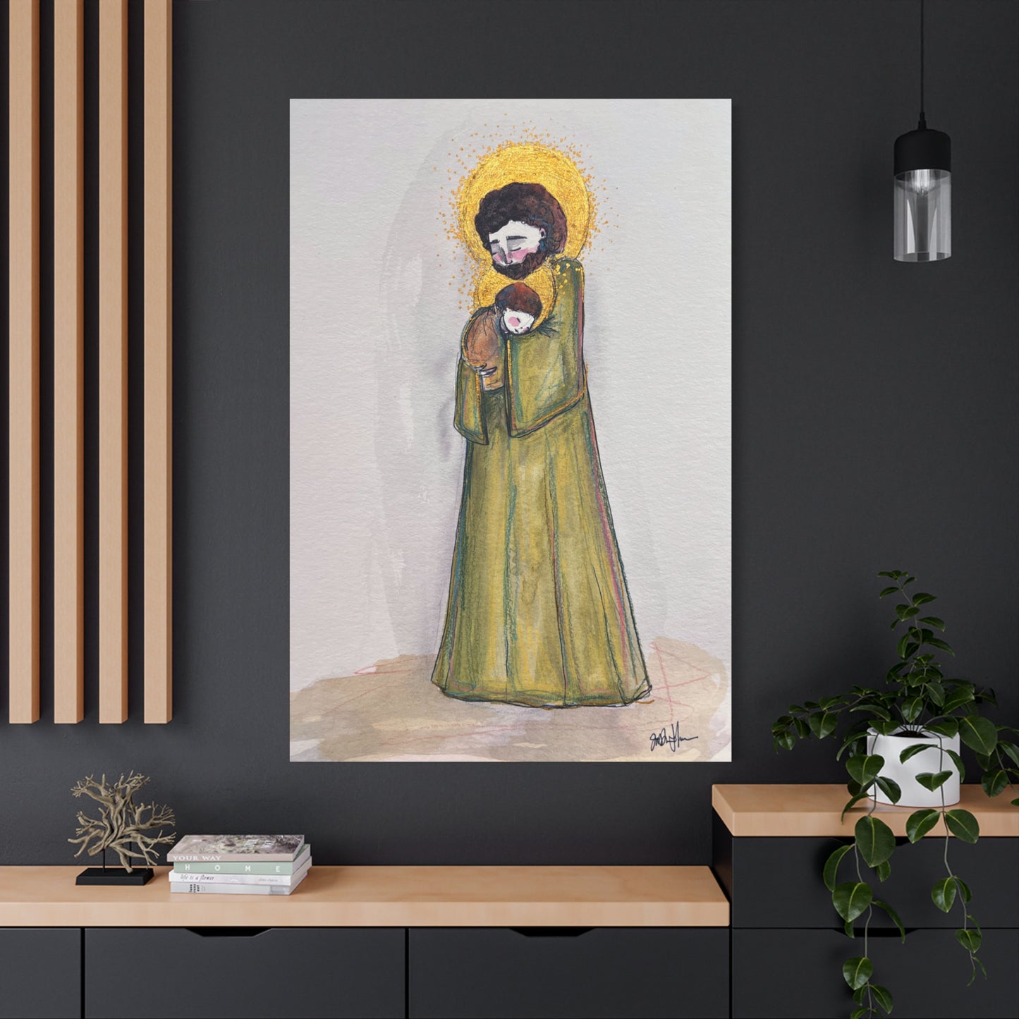 Saint Joseph and Child Jesus Catholic Canvas Print | Hand-Drawn Watercolor Sacred Art | Christian Devotional Wall Art