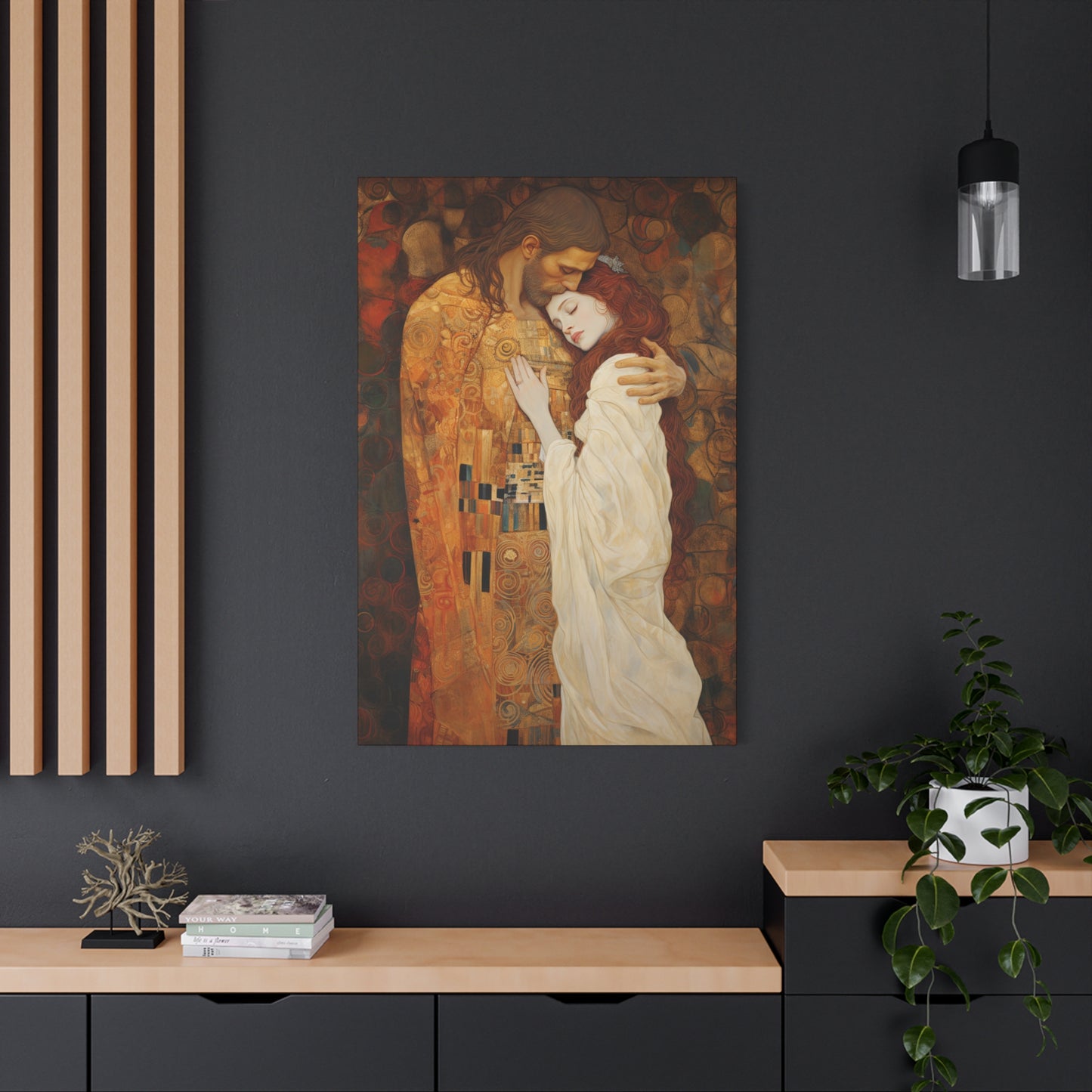 Transcendent Devotion: Christ Embracing Mary Magdalene Museum Wrapped Canvas - Sanctified Souls Print - Based on Klimt's The Kiss