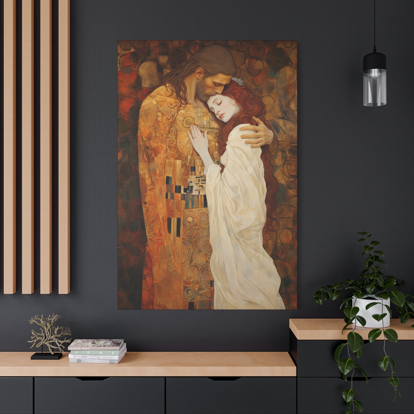 Transcendent Devotion: Christ Embracing Mary Magdalene Museum Wrapped Canvas - Sanctified Souls Print - Based on Klimt's The Kiss