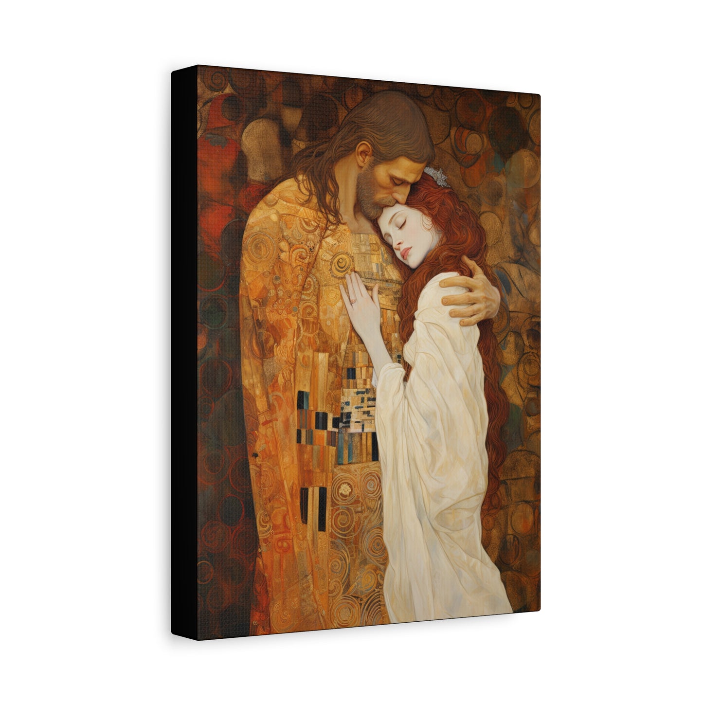 Transcendent Devotion: Christ Embracing Mary Magdalene Museum Wrapped Canvas - Sanctified Souls Print - Based on Klimt's The Kiss