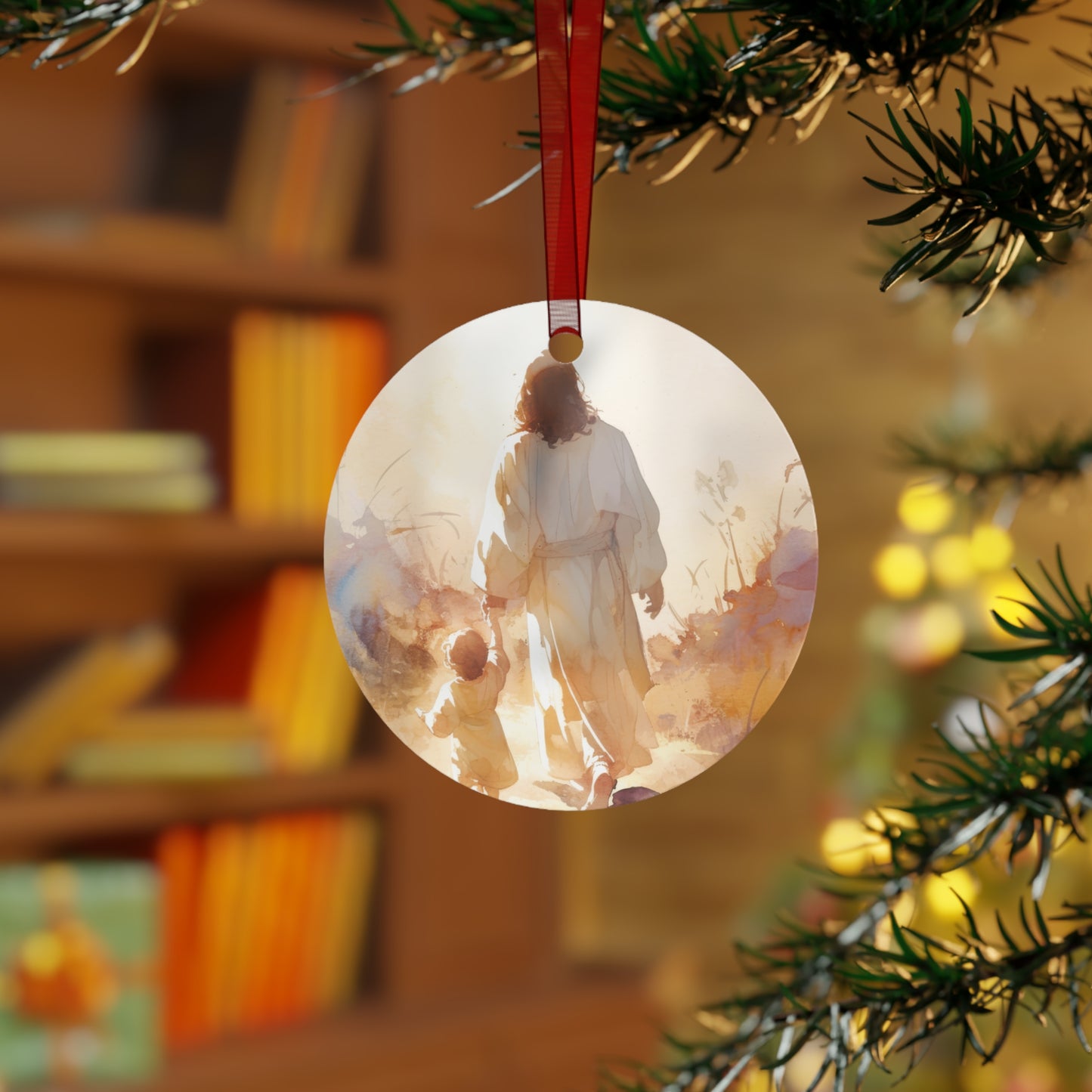 Jesus Guiding a Child in Faith Metal Ornament - Religious Holiday Christmas Ornament and Keepsake - Catholic Keepsake
