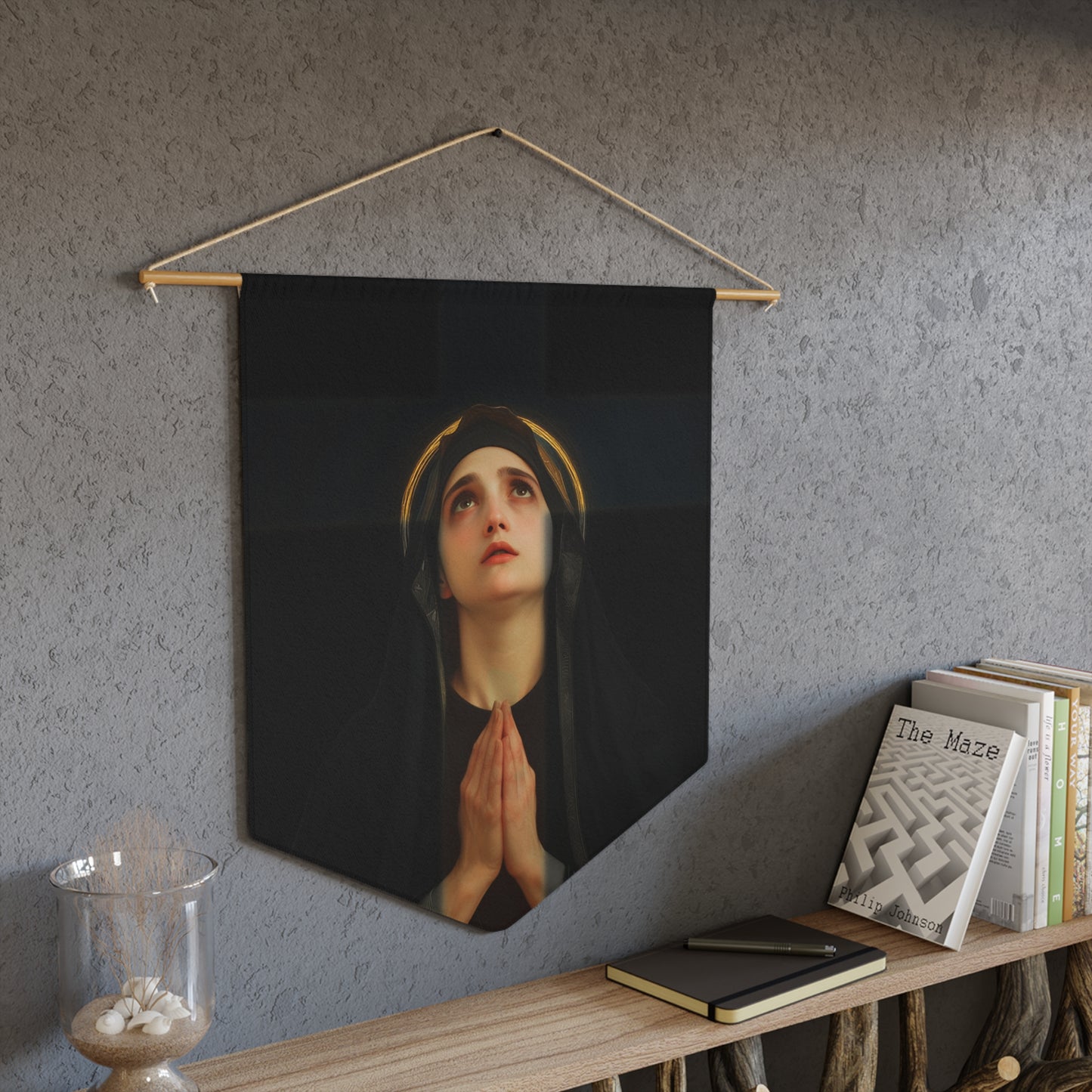 Our Lady of the Cross - Mother Mary - Our Lady of the Crucifix - Marian Art - Pennant / Banner / Hanging - Catholic - Large - 18" x 21"