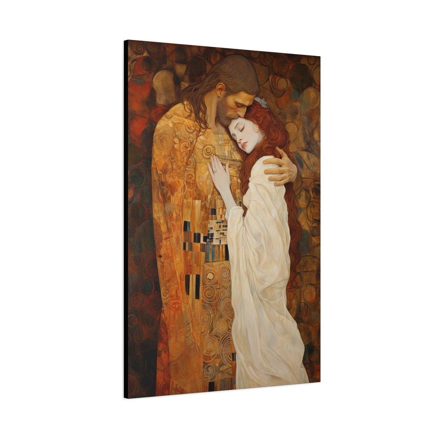 Transcendent Devotion: Christ Embracing Mary Magdalene Museum Wrapped Canvas - Sanctified Souls Print - Based on Klimt's The Kiss