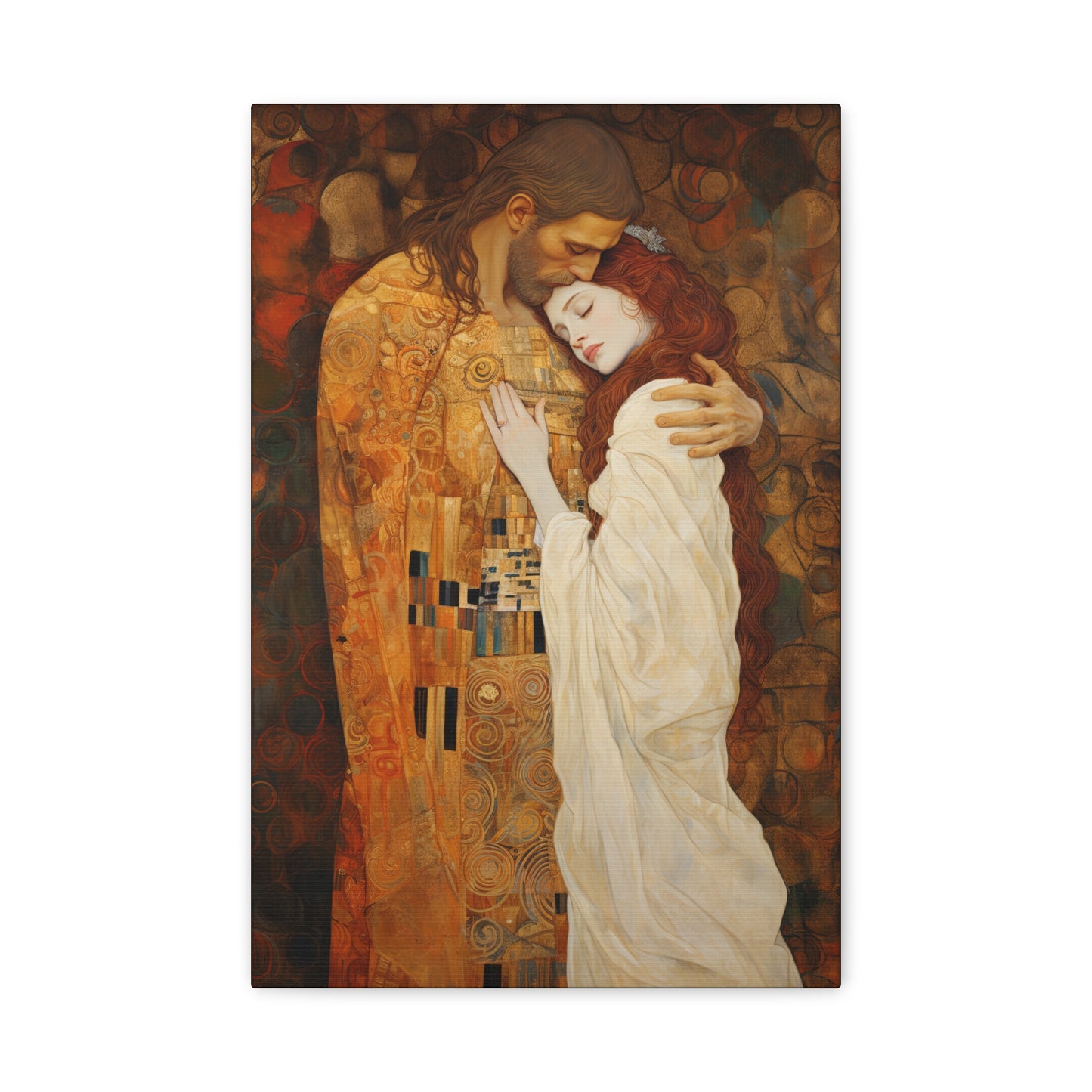 Transcendent Devotion: Christ Embracing Mary Magdalene Museum Wrapped Canvas - Sanctified Souls Print - Based on Klimt's The Kiss