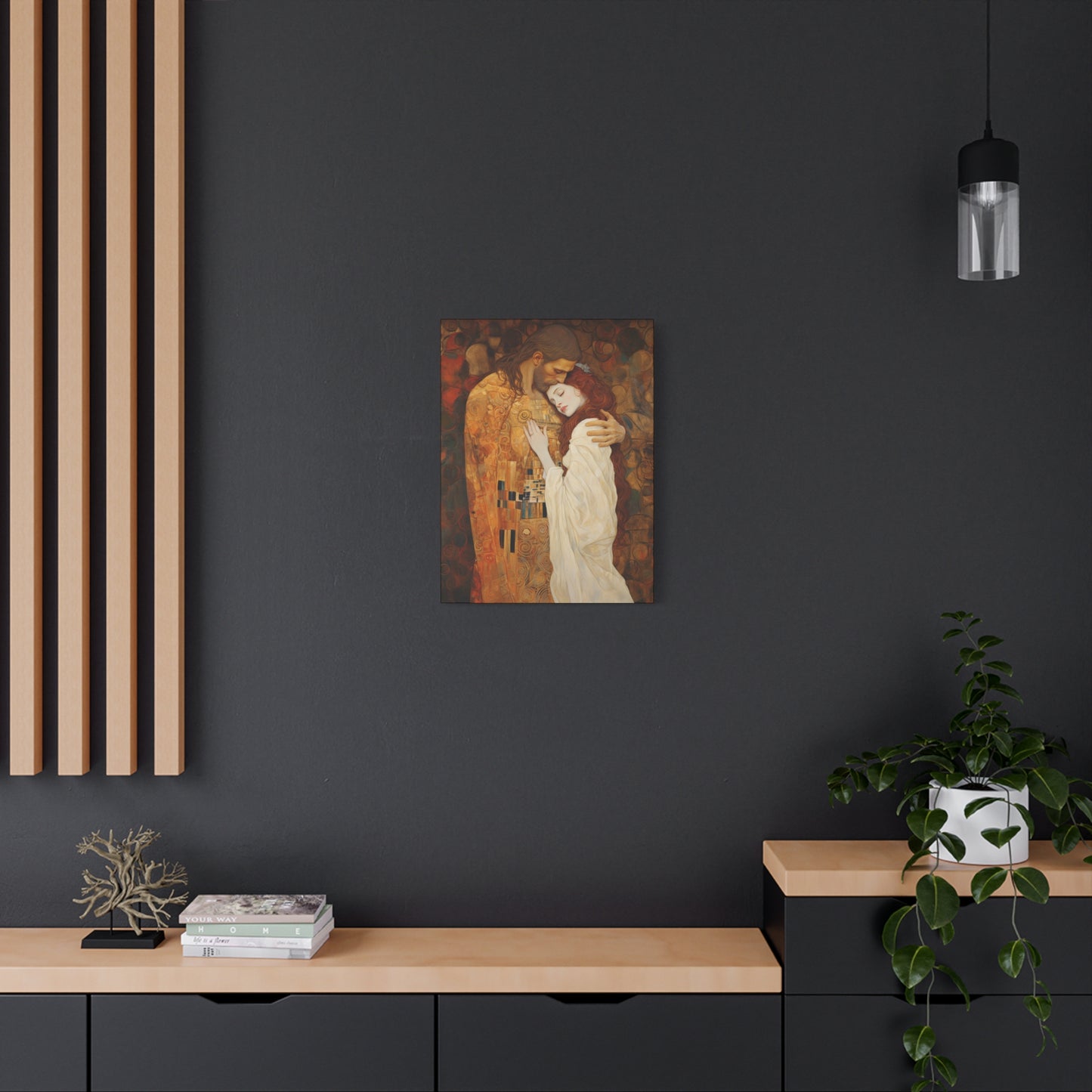 Transcendent Devotion: Christ Embracing Mary Magdalene Museum Wrapped Canvas - Sanctified Souls Print - Based on Klimt's The Kiss