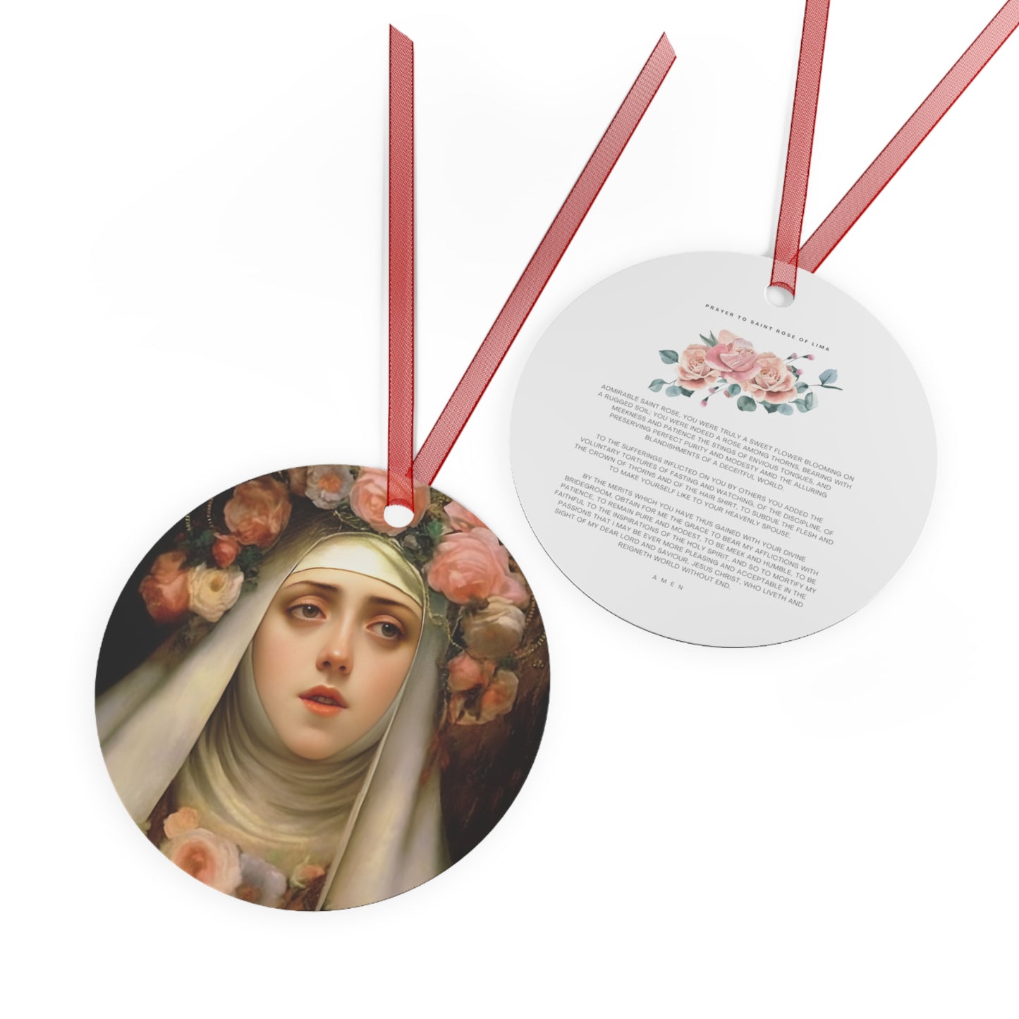 Saint Rose of Lima Metal Ornament - Religious Holiday Christmas Ornament and Keepsake - Double sided - Prayer Ornament