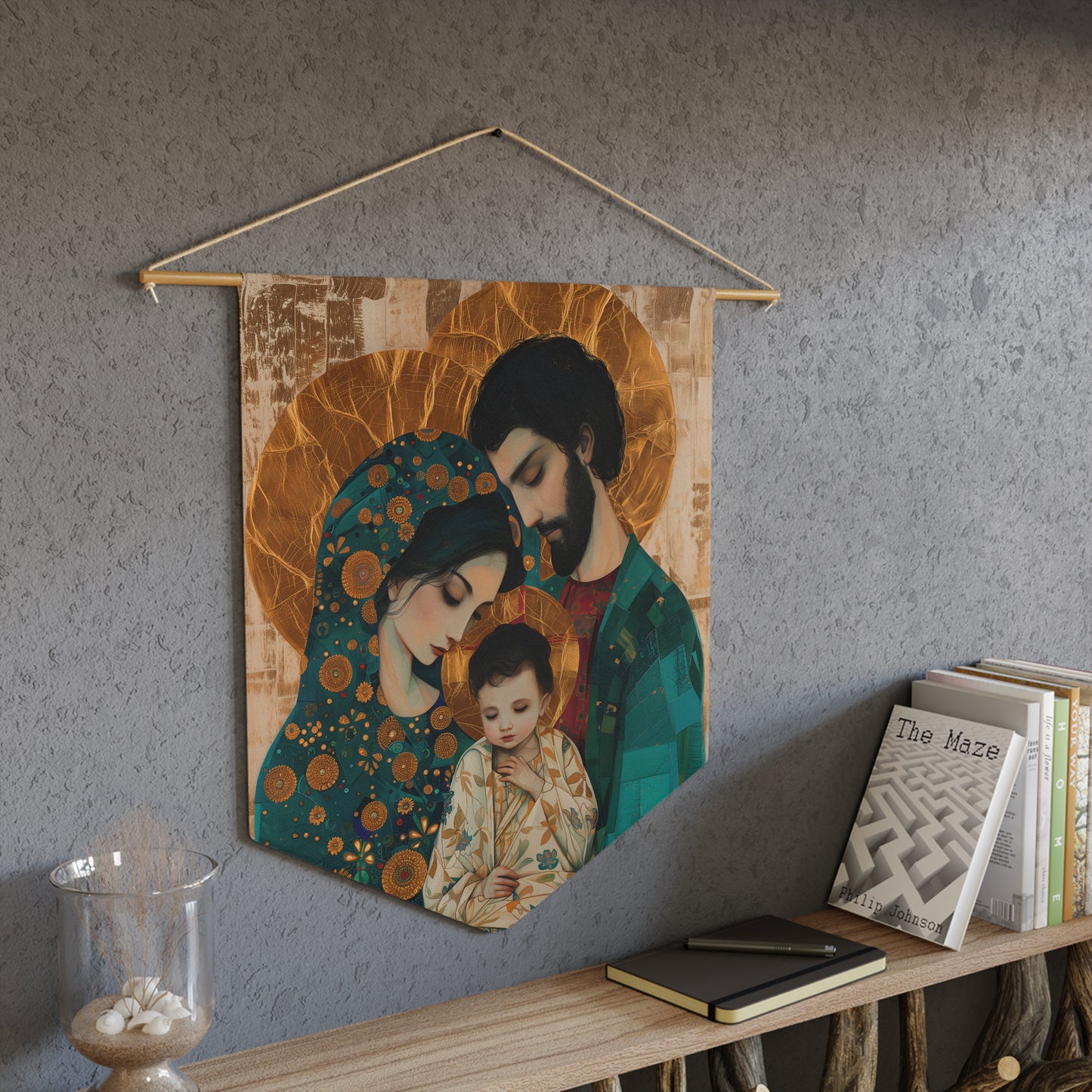Sacred Love- The Holy Family Portrait Wall Banner / Wall Hanging - Prayer room art - Catholic - Large - 18" x 21" - Jesus, Mary, Joseph
